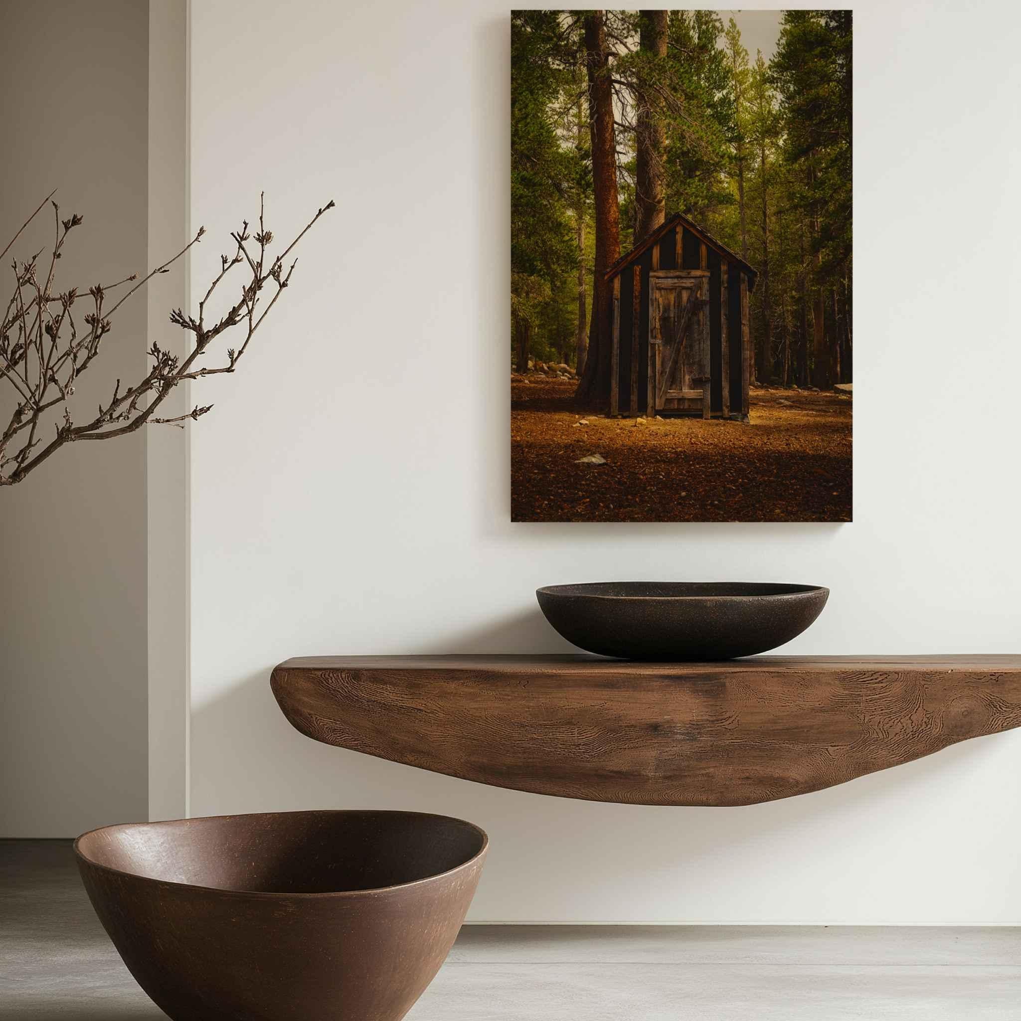 Rustic Remnant Among the Trees metal print featuring a weathered cabin among the pines in Mammoth Lakes, displayed in an organic modern entryway.