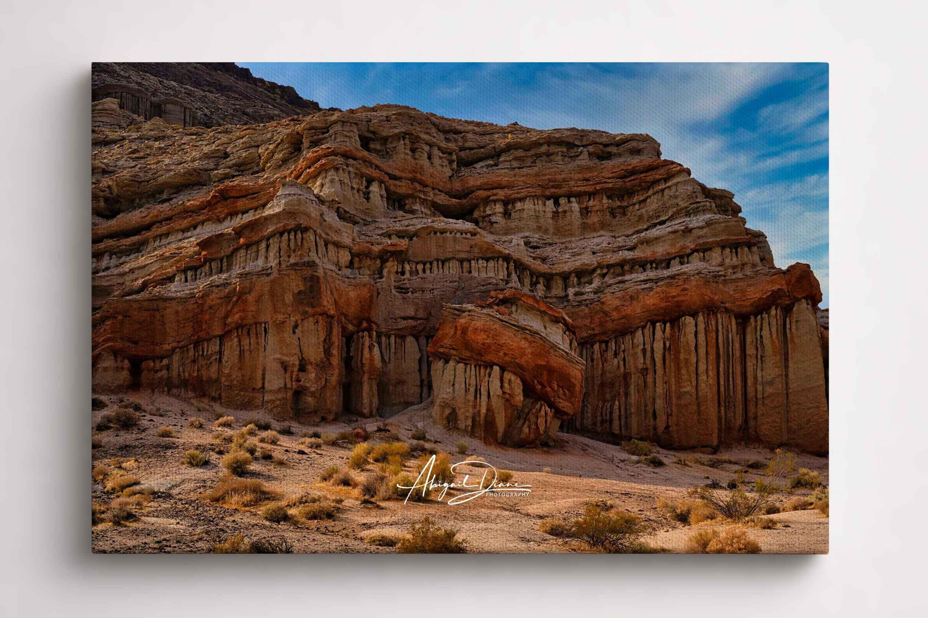 Sculpted by Time giclee wrapped- canvas print featuring dramatic layered red rock formations and desert landscape at Red Rock Canyon State Park, California.
