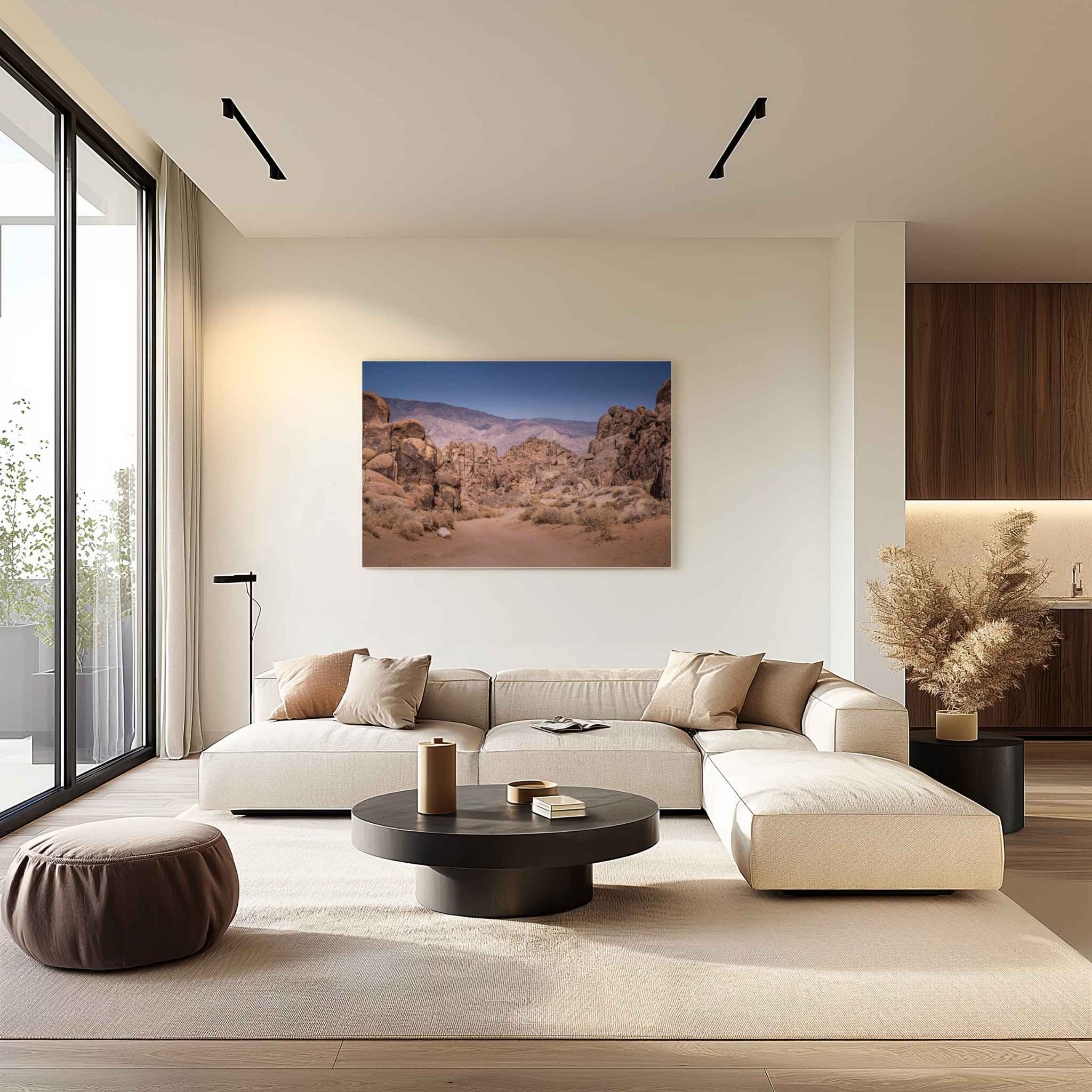 Sierra Desert Passage landscape photography in a HD metal displayed above a neutral sectional sofa in a warm modern living room.