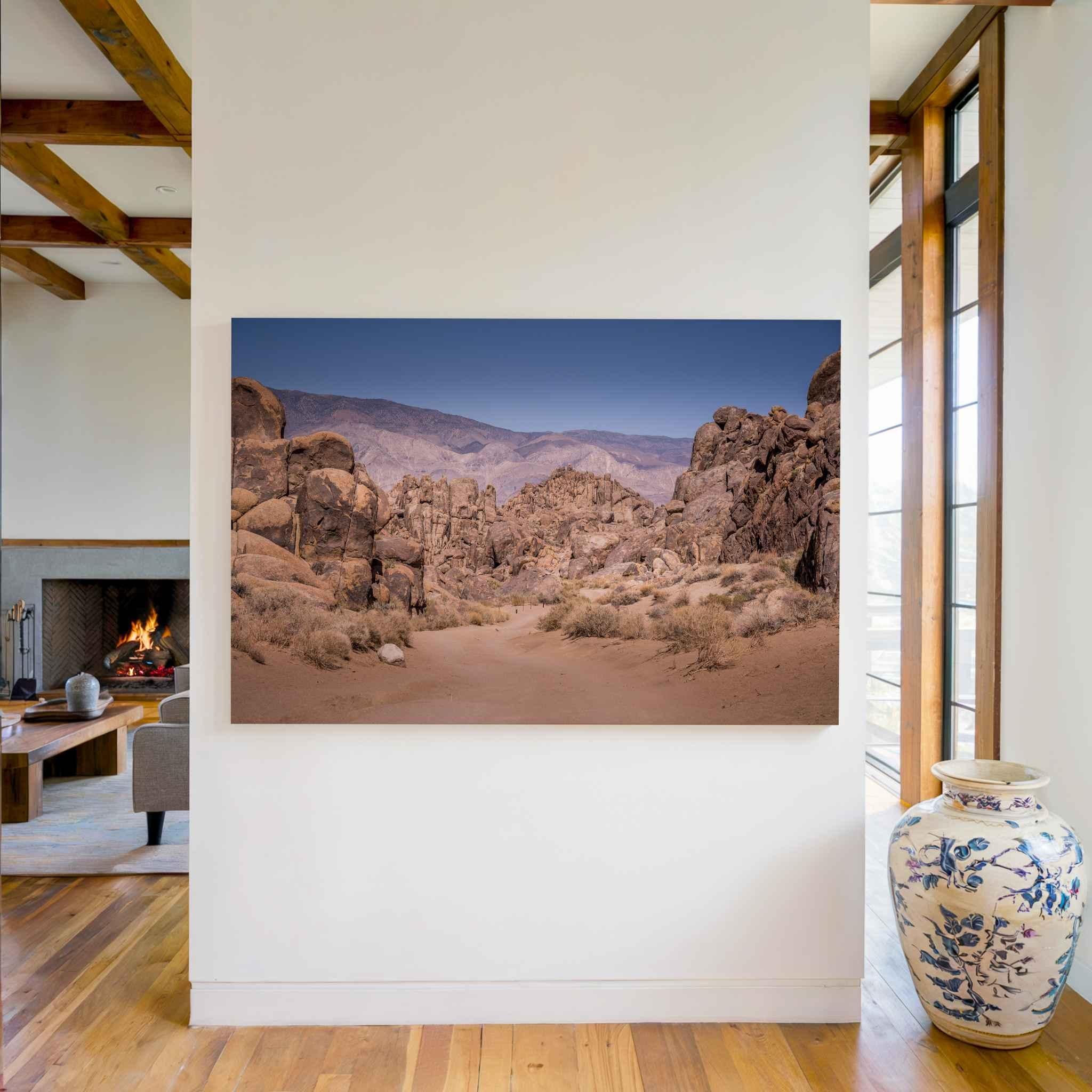 Sierra Desert Passage fine art print featuring the Alabama Hills and Sierra Nevada in California’s Eastern Sierra displayed in a warm modern rustic interior.