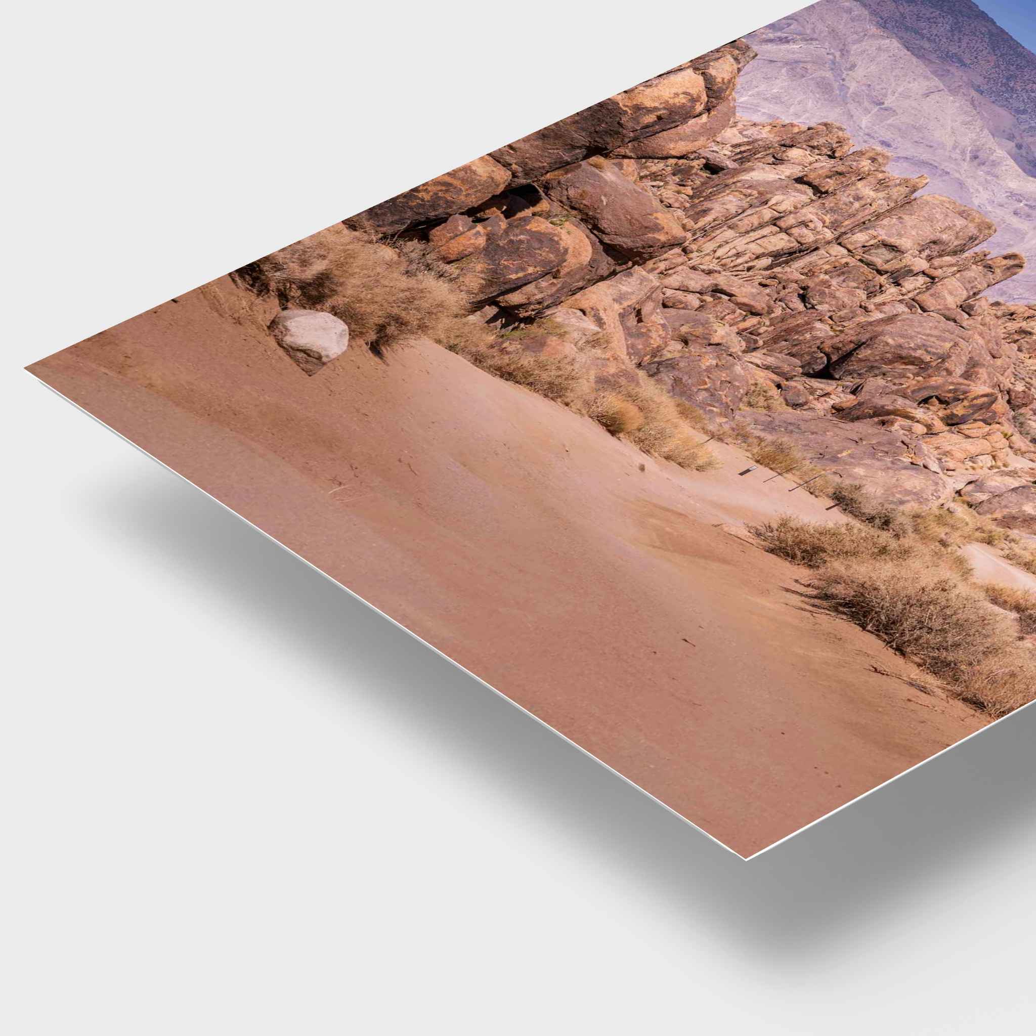 Corner detail of Sierra Desert Passage HD metal print featuring rugged desert rock formations in California’s Eastern Sierra.