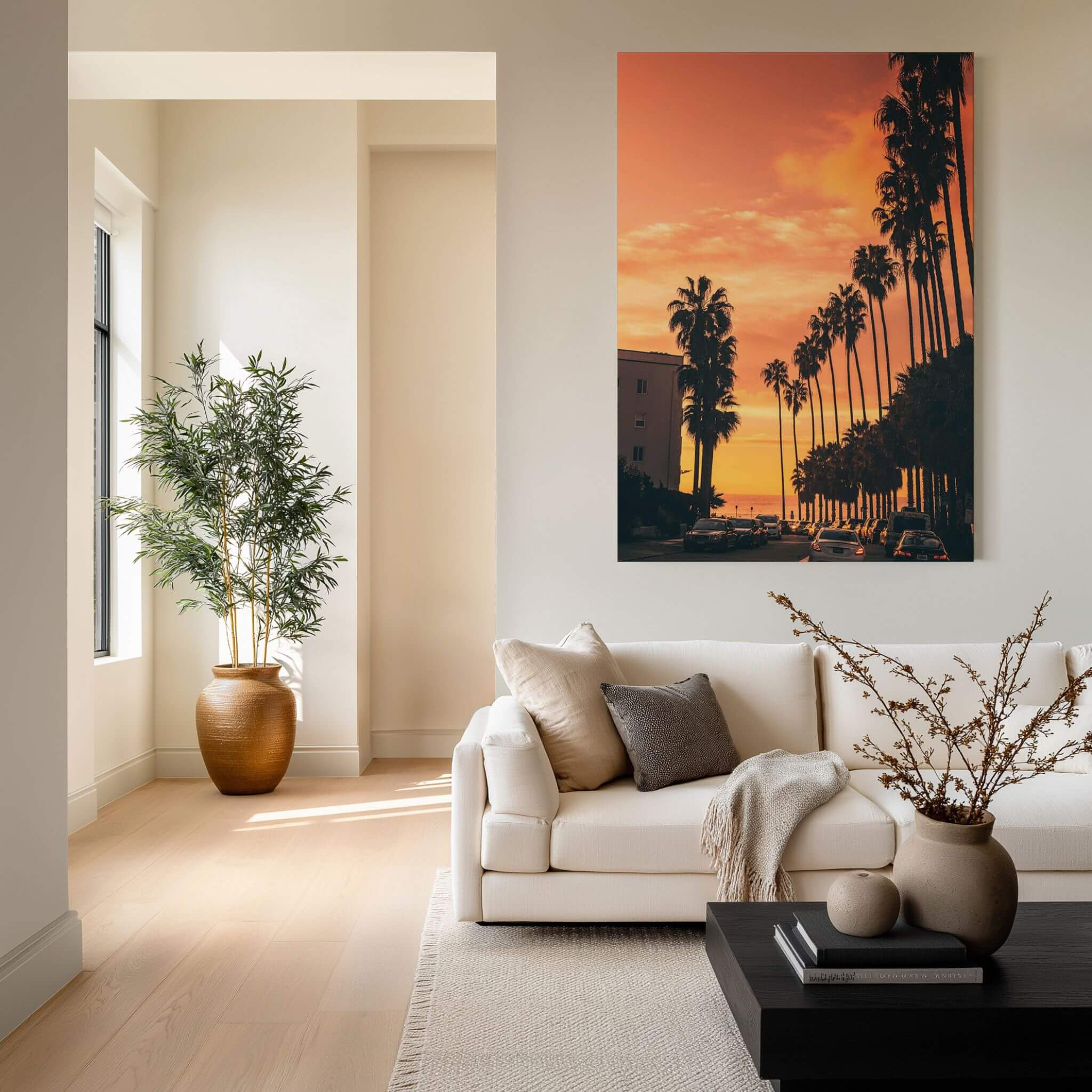 Sizzling Hot San Diego Nights metal print featuring silhouetted palms against an orange California sunset displayed in a warm neutral living room