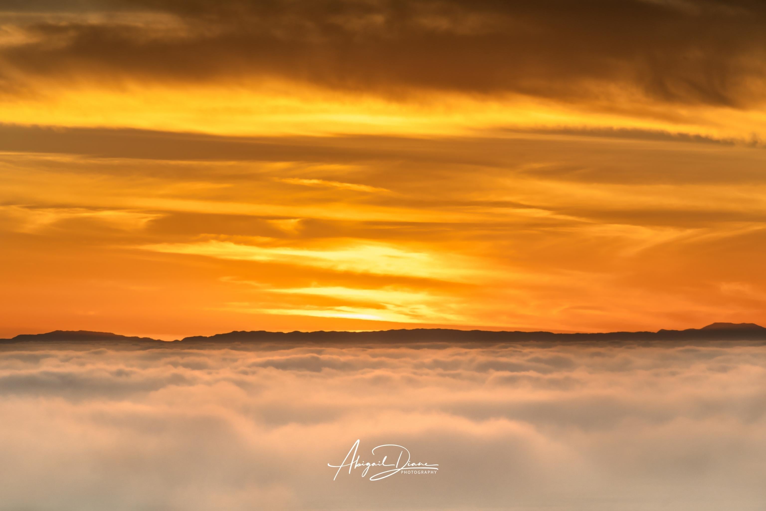 Soaring Above the Clouds fine art paper print featuring a golden winter sunset above a sea of clouds with Catalina Island on the Pacific horizon. Artwork by Abigail Diane Photography
