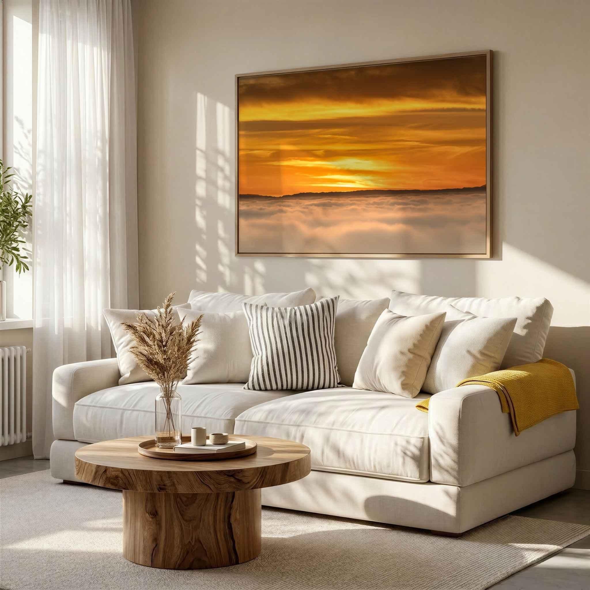 Soaring Above the Clouds framed fine art print displayed above a modern sofa in a warm contemporary living room, featuring a golden winter sunset above a sea of clouds. Artwork by Abigail Diane Photography.