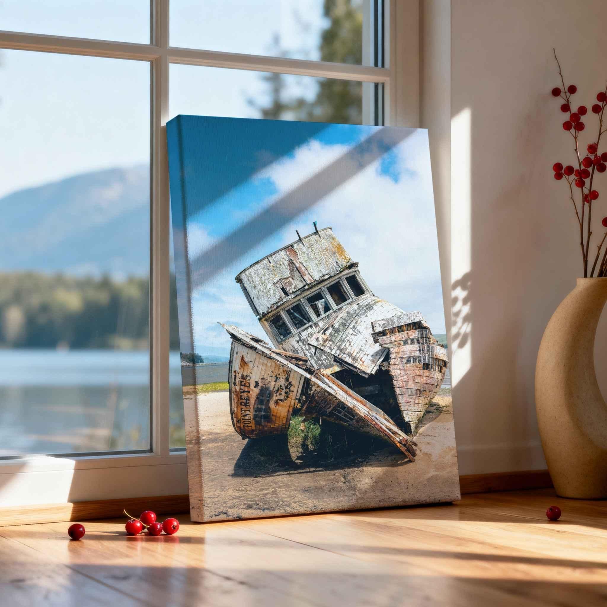 Canvas wall art featuring the historic S.S. Point Reyes shipwreck displayed beside a sunlit window overlooking a coastal landscape, photographed by Abigail Diane Photography