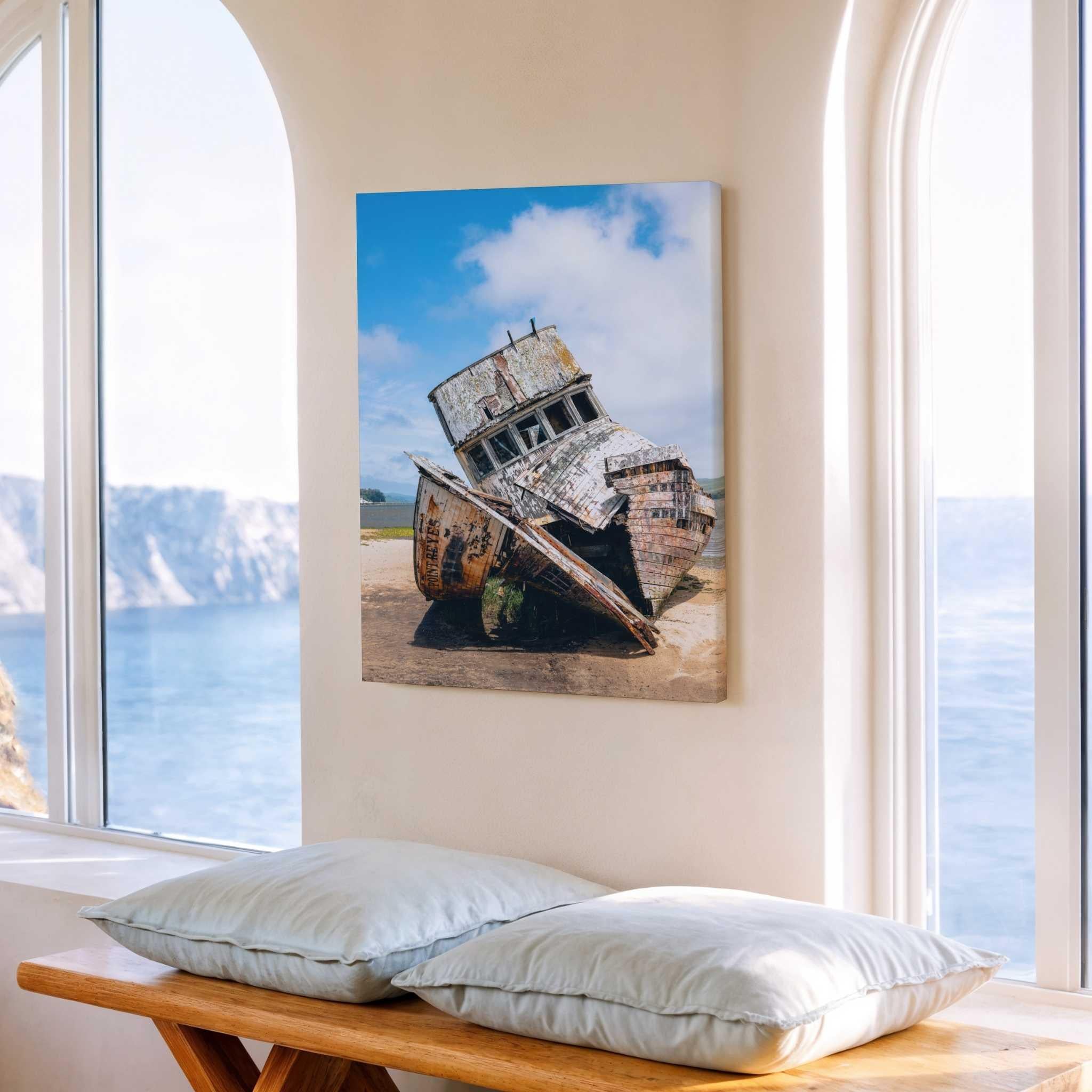 Weathered S.S. Point Reyes shipwreck canvas print displayed in a bright coastal room overlooking the ocean, fine art photography by Abigail Diane Photography.