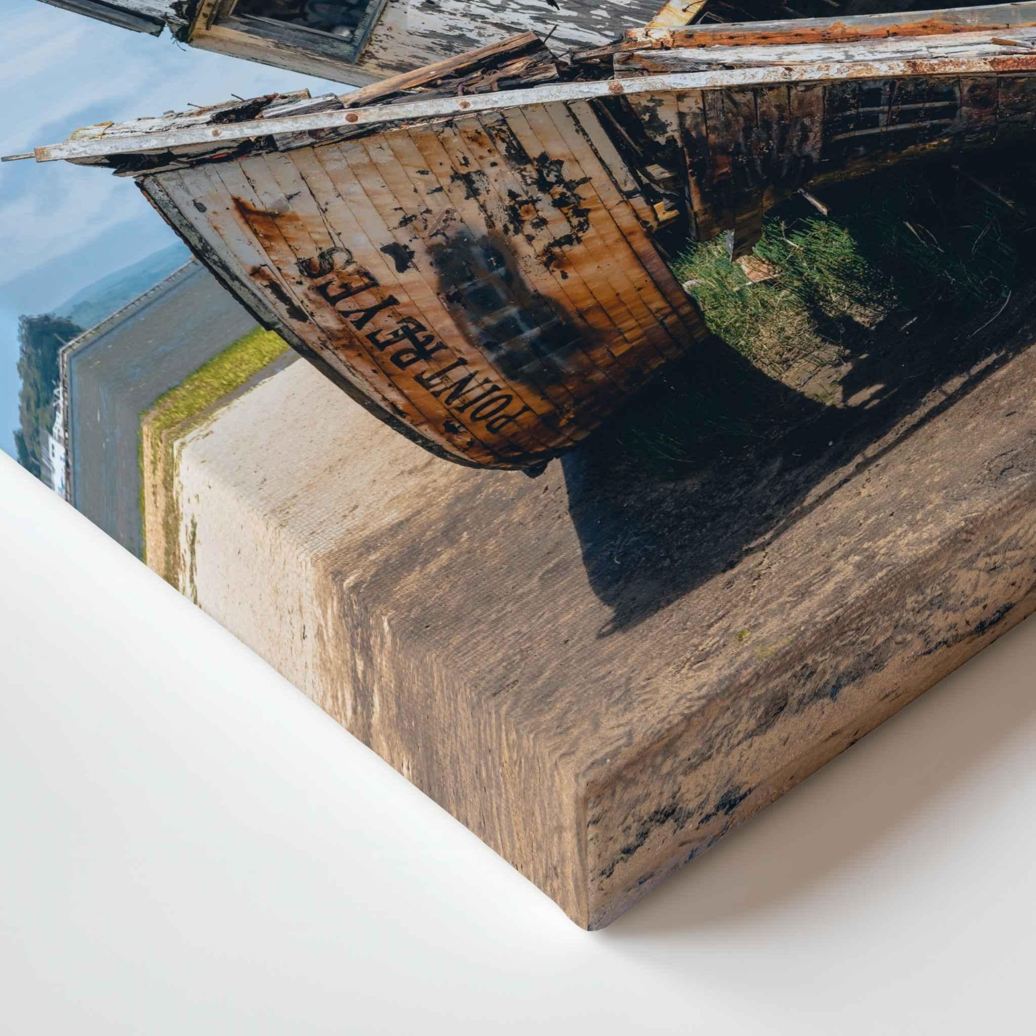Close-up detail of a gallery wrap canvas featuring the historic S.S. Point Reyes shipwreck in Tomales Bay, California, showing canvas texture and wrapped edges by Abigail Diane Photography