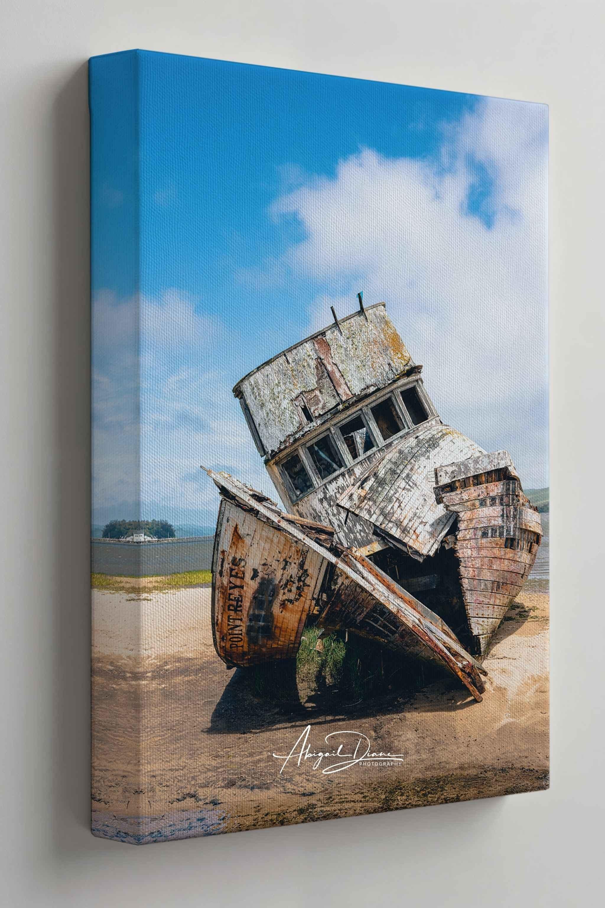 Gallery Wrapped Canvas wall art featuring the historic S.S. Point Reyes shipwreck resting along the shoreline of Tomales Bay, California, photographed by Abigail Diane Photography.