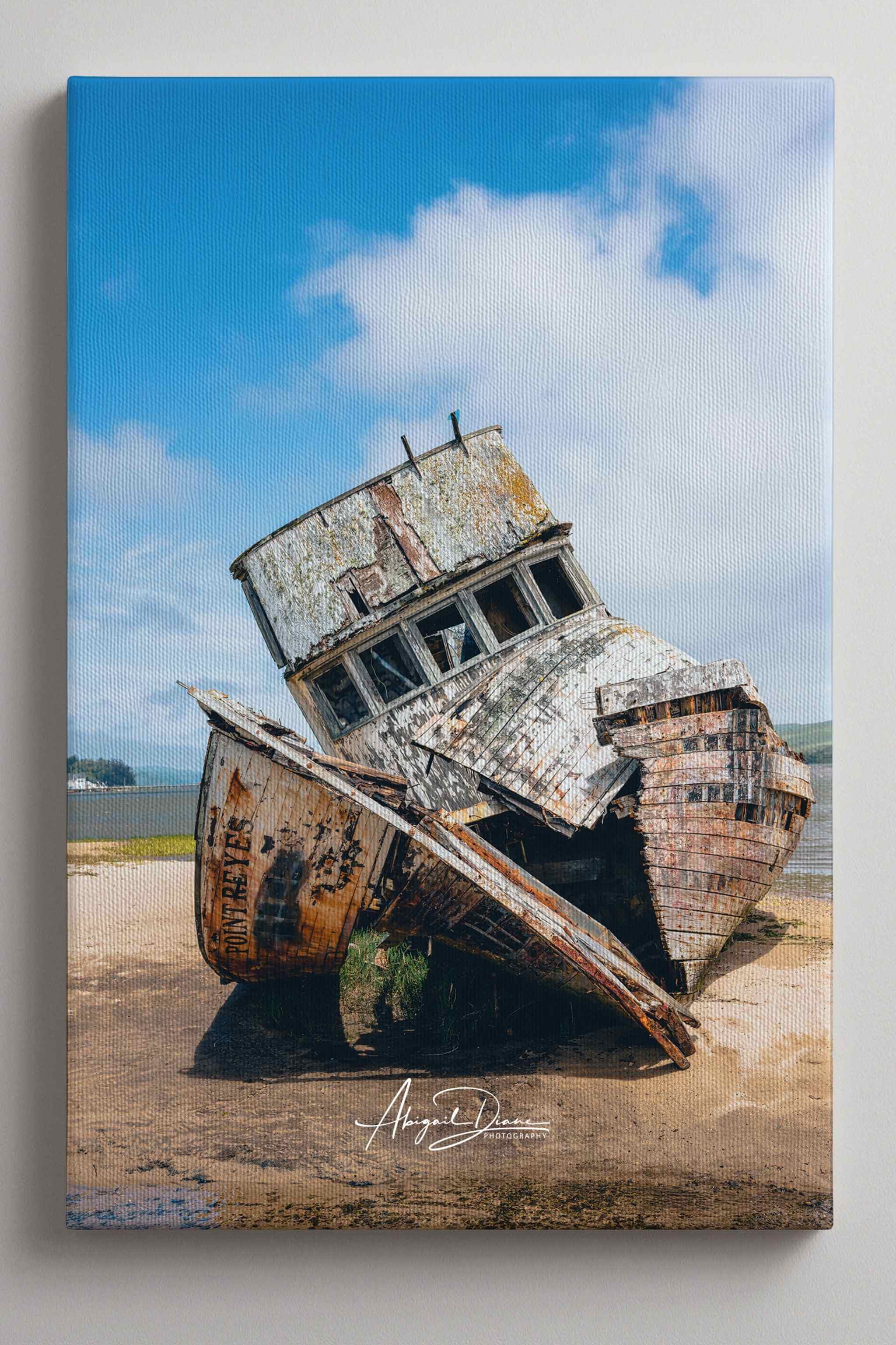 Gallery Wrapped Canvas wall art featuring the historic S.S. Point Reyes shipwreck resting along the shoreline of Tomales Bay, California, photographed by Abigail Diane Photography.