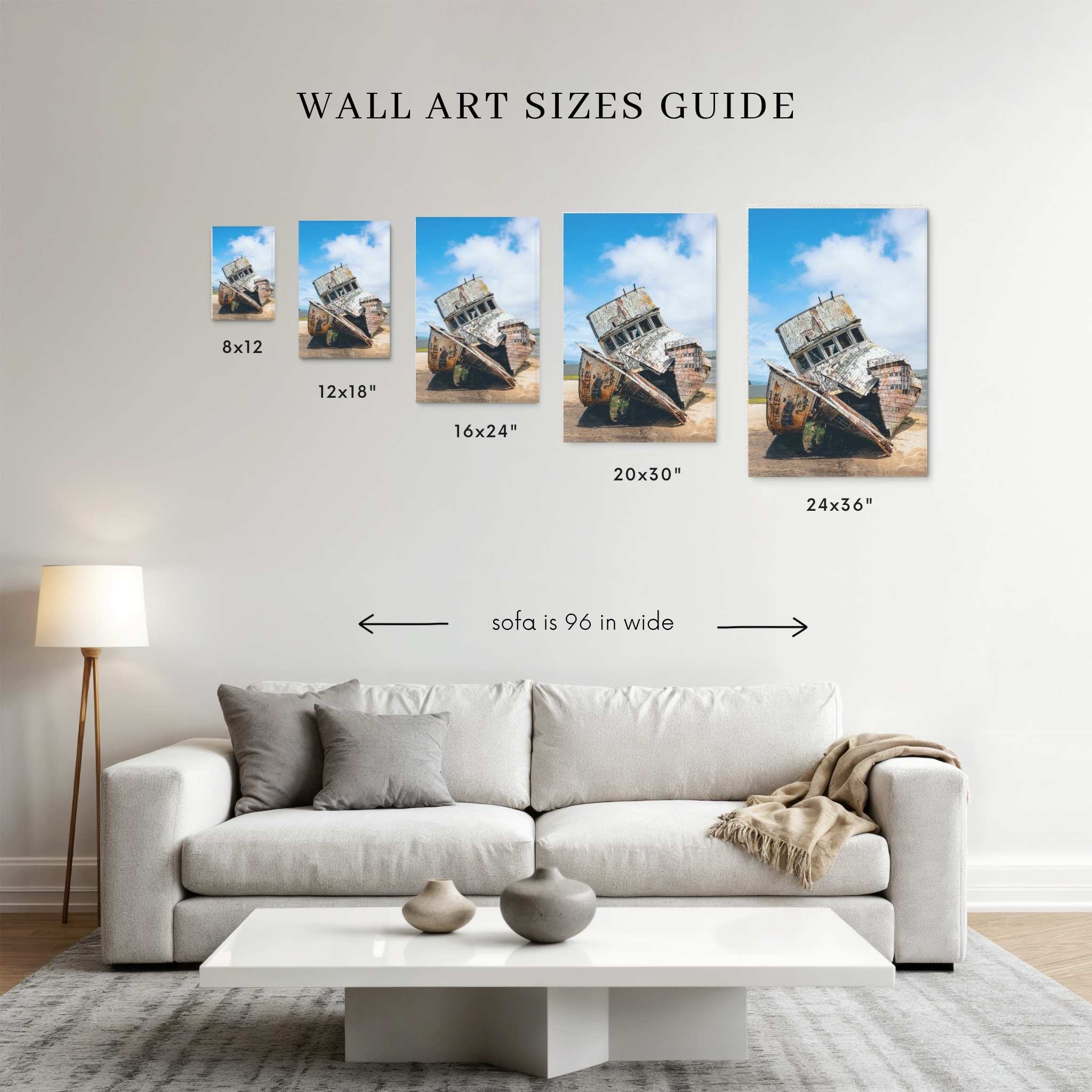 fine art print by Abigail Diane Photography displayed in a wall art size guide above a modern cream sofa, showcasing popular wall art sizes for home décor and interior design.
