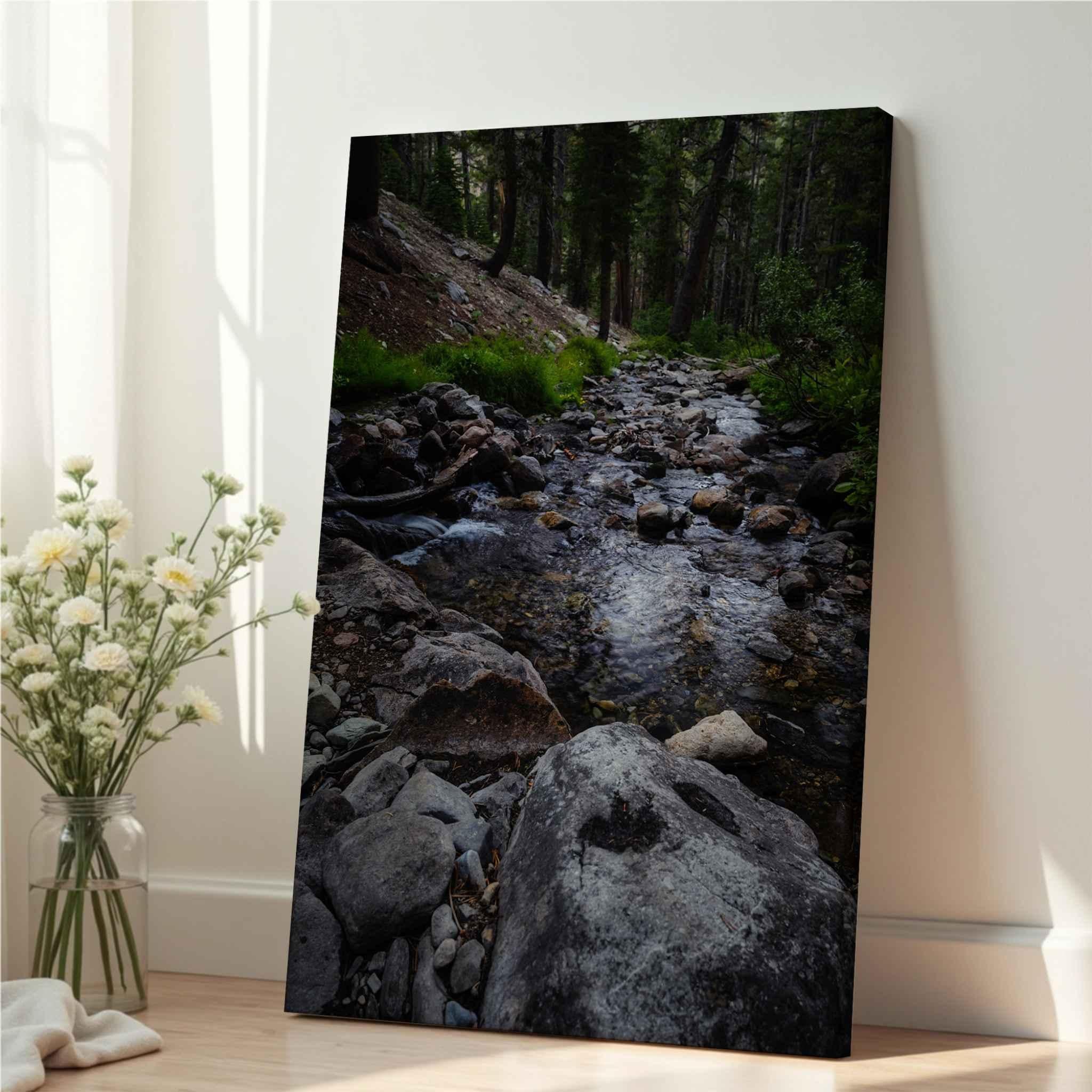 Close-up of Steady Stream wrapped canvas print showing a rocky forest creek near Mammoth Lakes in California’s Eastern Sierra and the wrapped canvas edge.