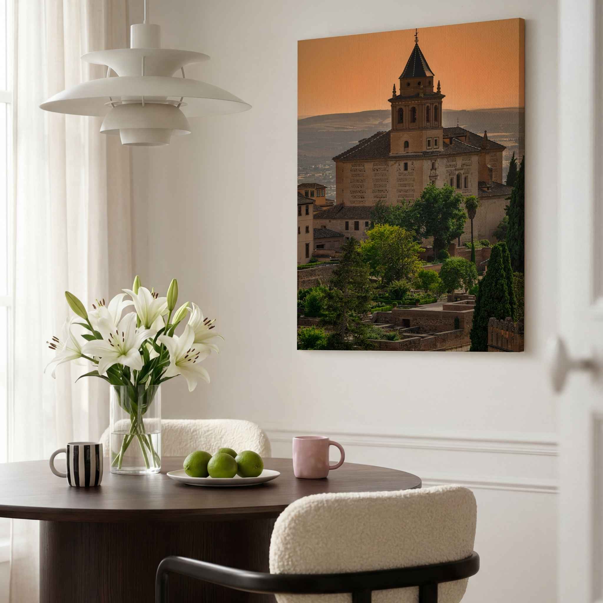 Summer Light at the Alhambra canvas print displayed in a bright dining room, featuring historic architecture and gardens in Granada, Spain – Abigail Diane Photography.