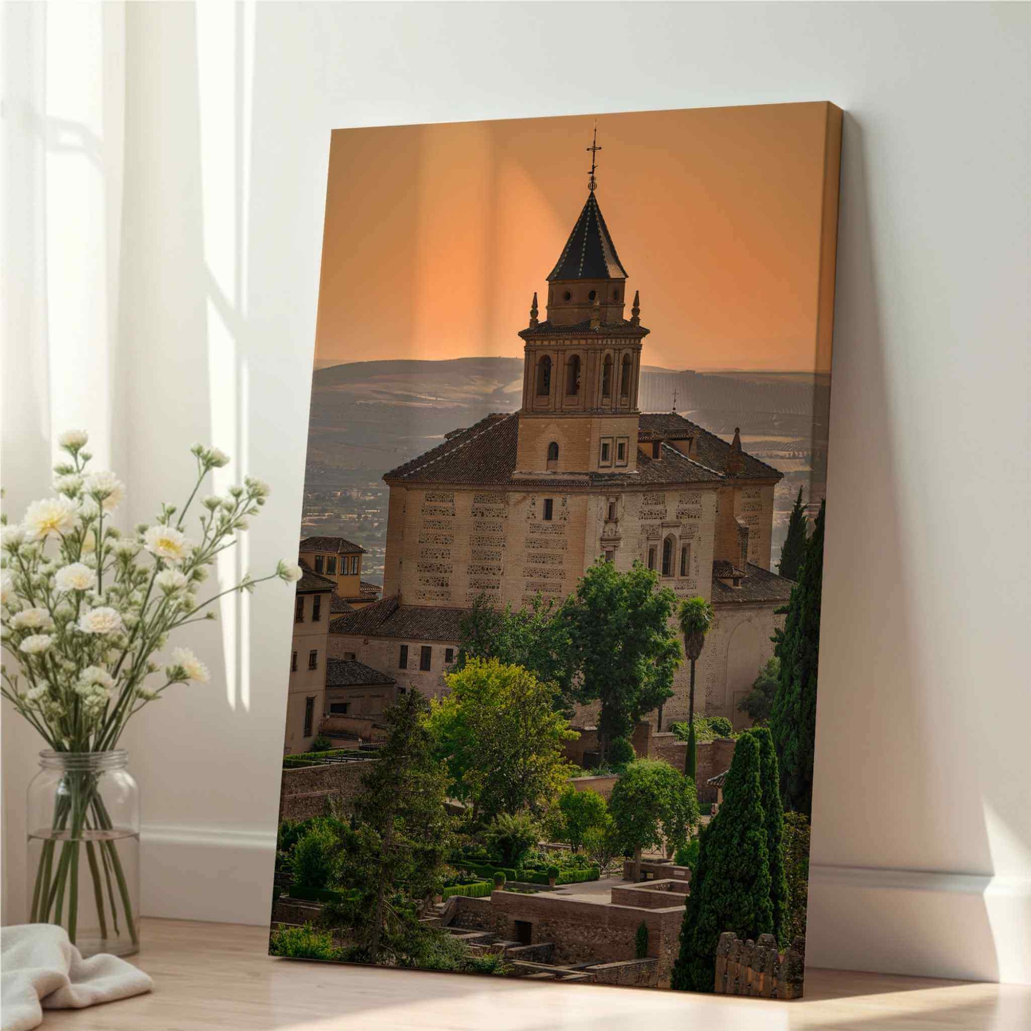 Summer Light at the Alhambra canvas print displayed in a softly sunlit neutral interior.