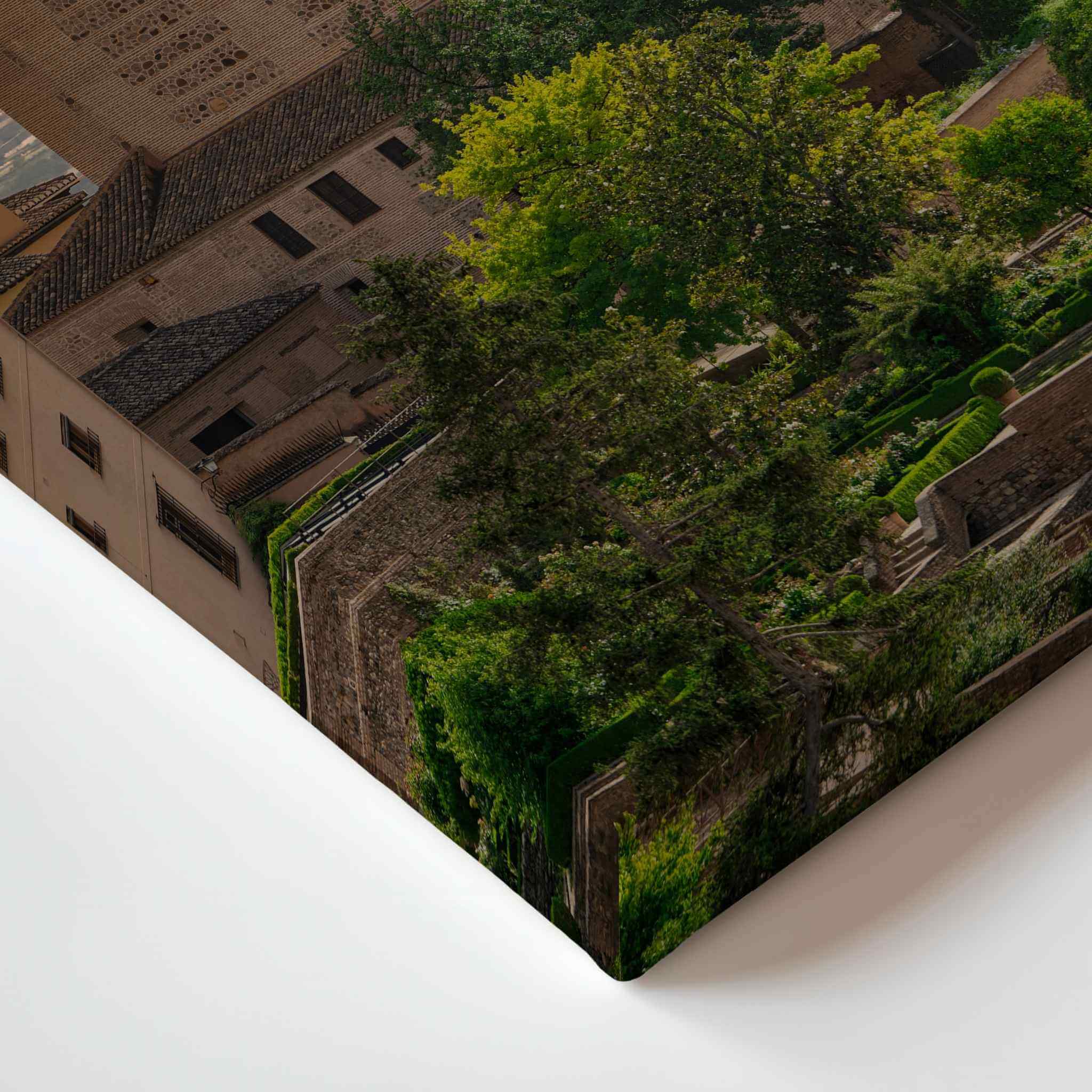 Close-up of Summer Light at the Alhambra canvas print showing the wrapped image edge and corner