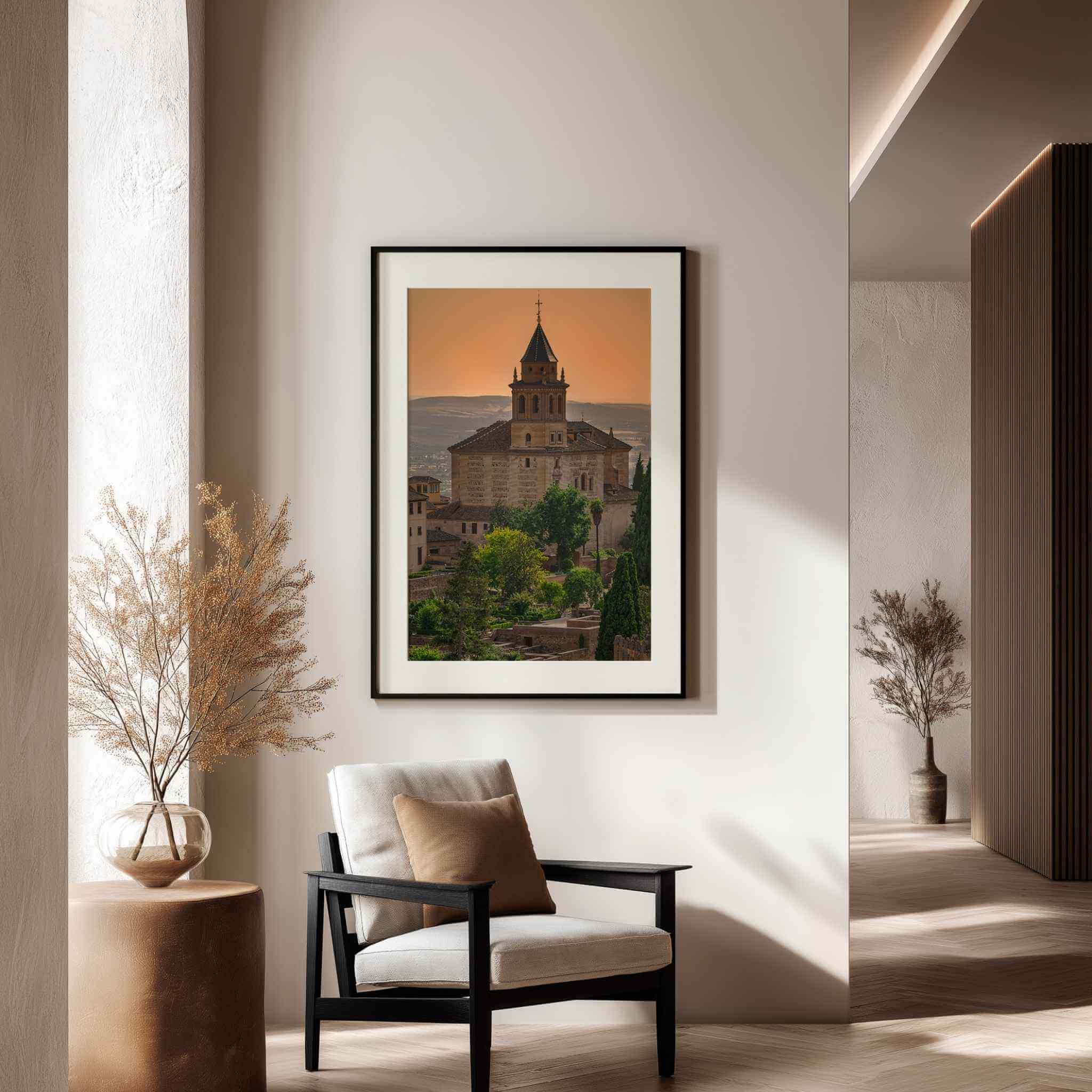 Summer Light at the Alhambra fine art print with white mat and black frame in a contemporary interior.