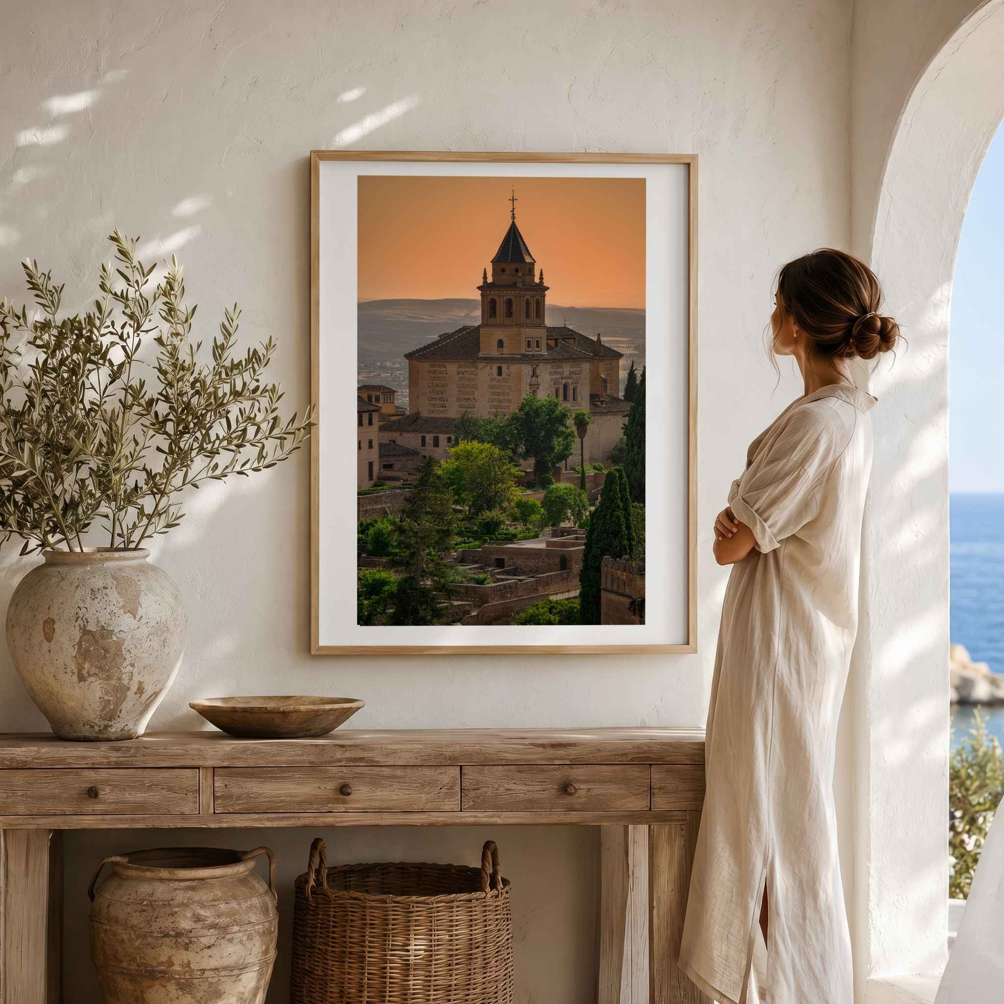 Summer Light at the Alhambra framed fine art print displayed in a warm Mediterranean-inspired interior, featuring the historic Alhambra in Granada, Spain – Abigail Diane Photography