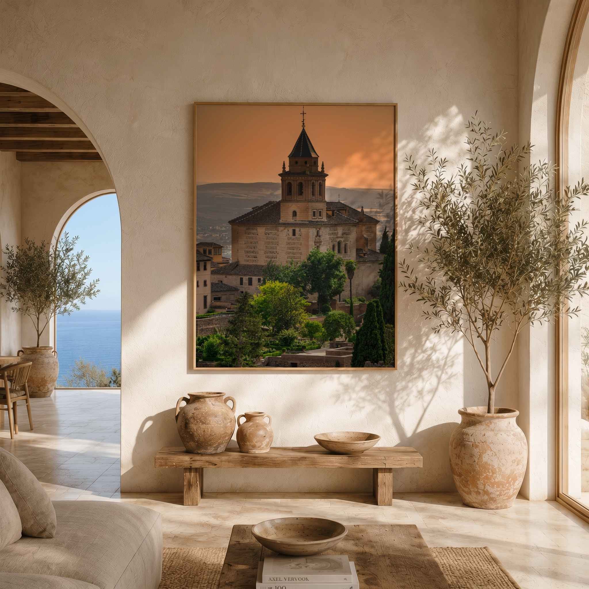 Summer Light at the Alhambra framed fine art print displayed in a warm Mediterranean-style interior, featuring the historic Alhambra beneath a glowing summer sky in Granada, Spain – Abigail Diane Photography.
