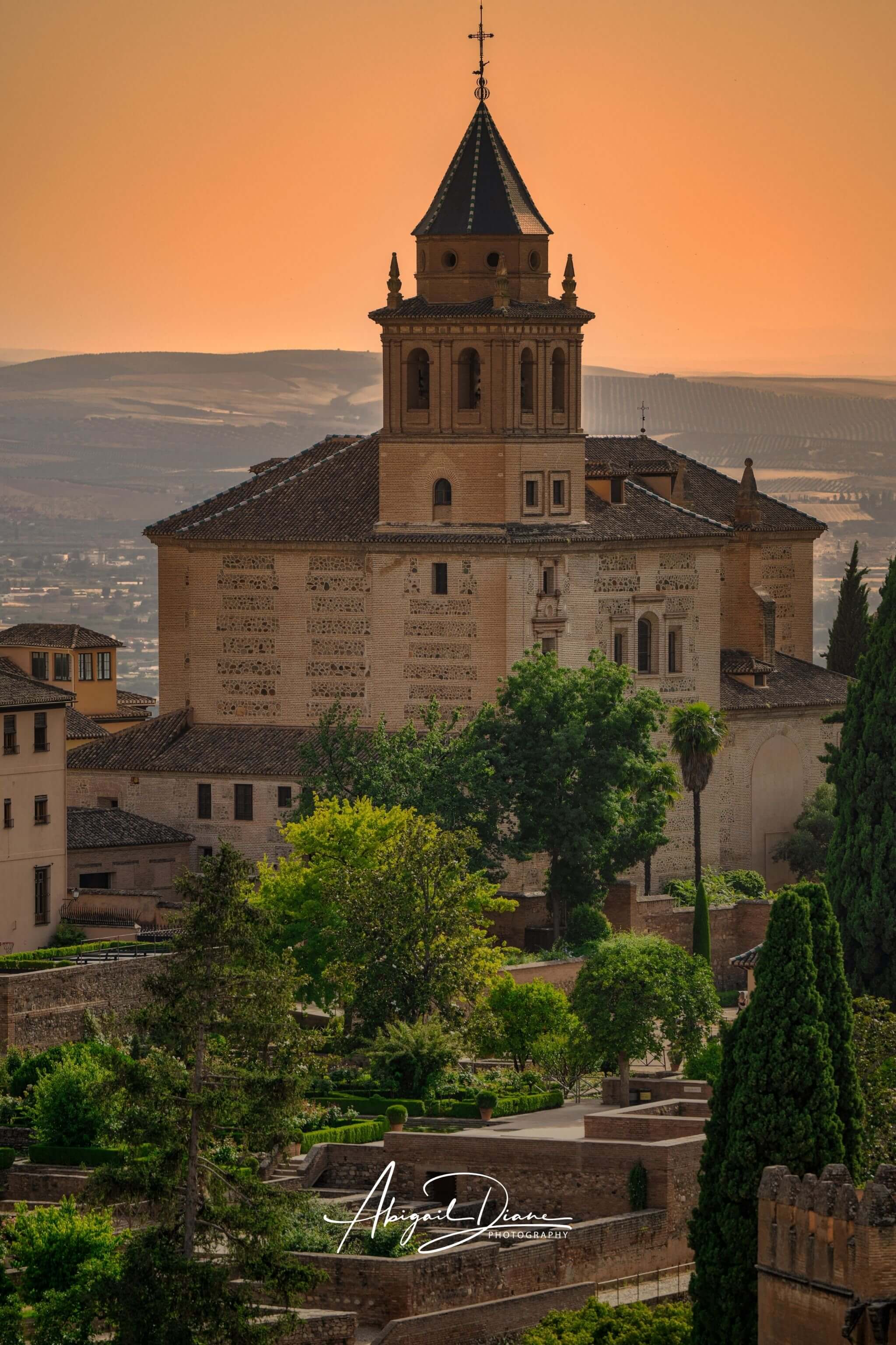 Summer Light at the Alhambra overlooking historic architecture and gardens in Granada, Spain. Taken by Abigail Diane Photography.
