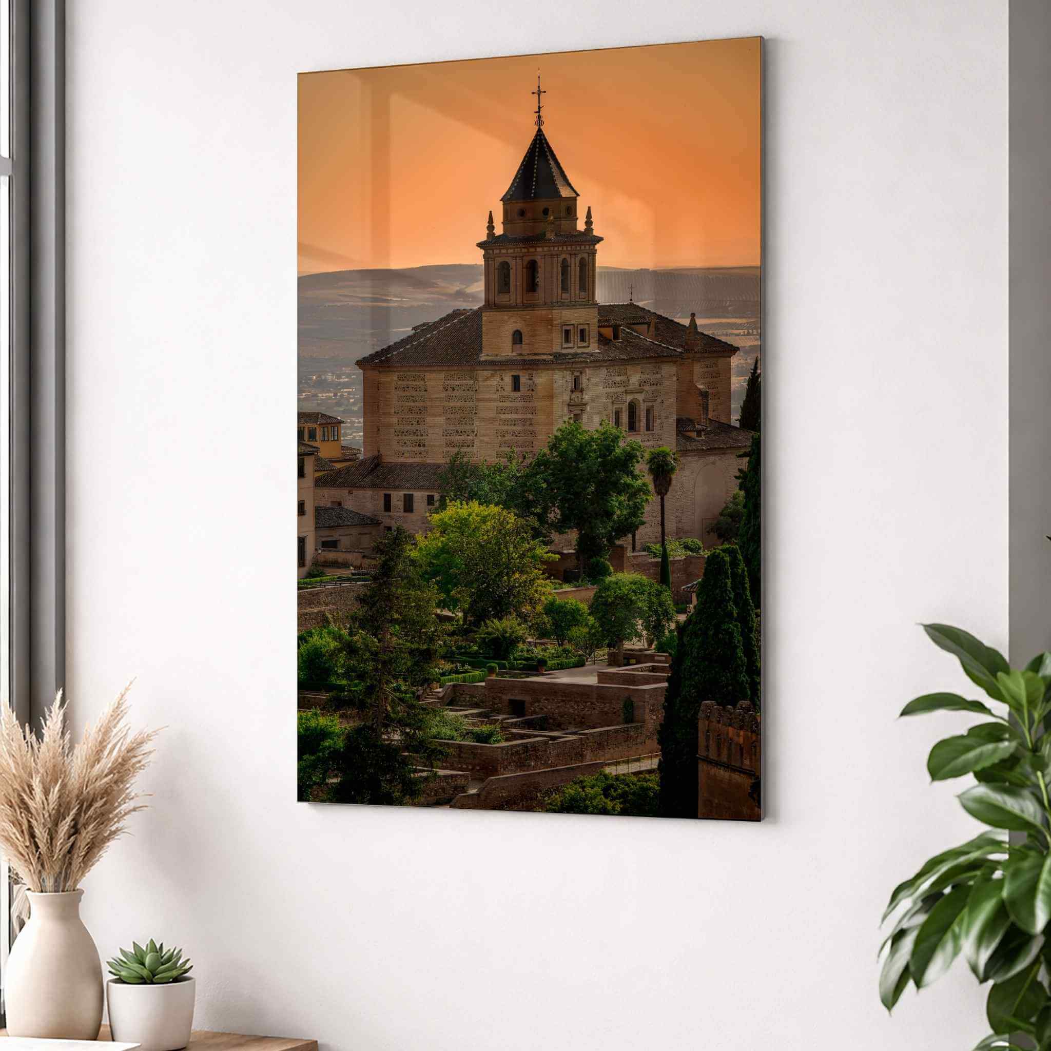 Large HD Metal print of Summer Light at the Alhambra displayed against a light neutral interior wall.