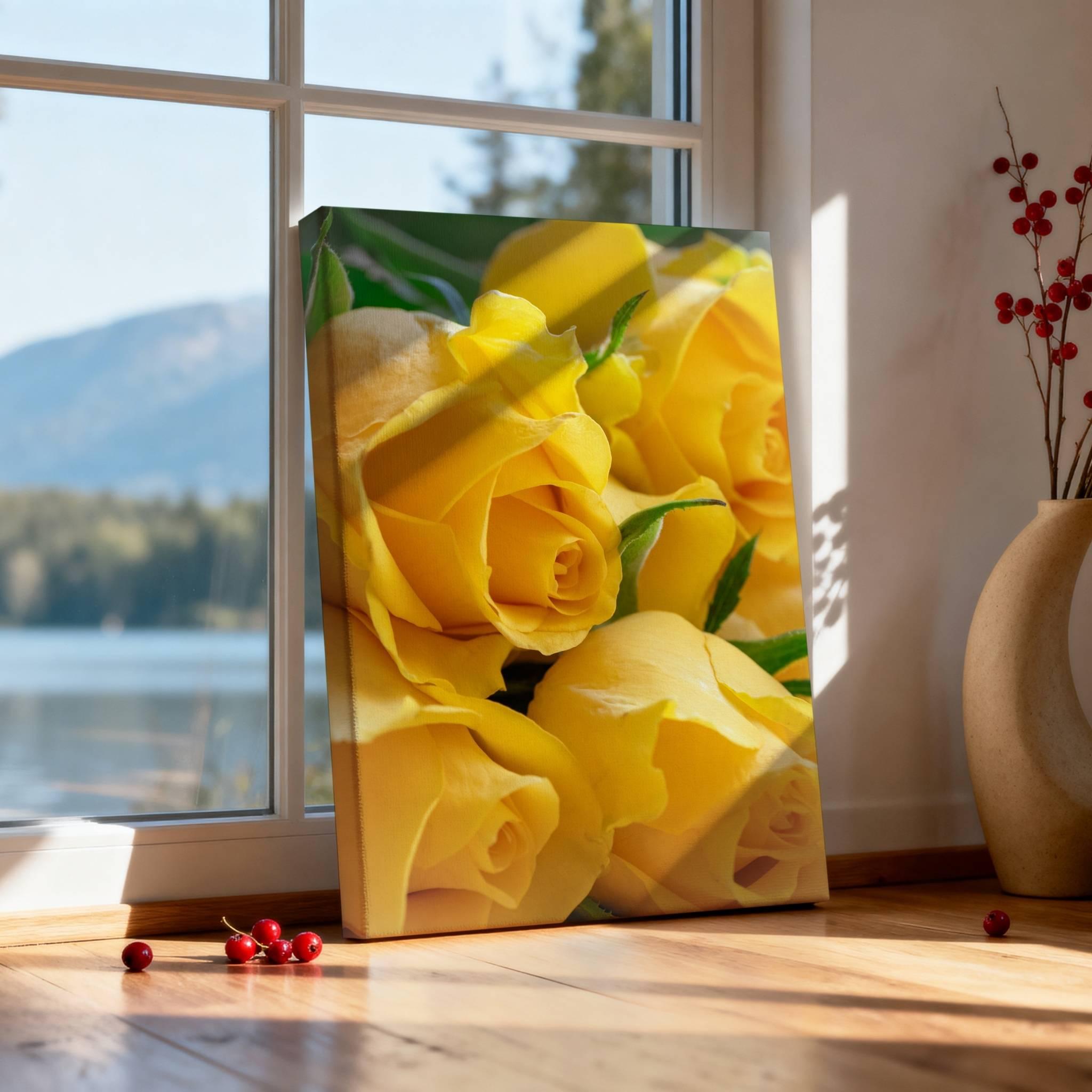 Sunlit Petal Reverie canvas print featuring radiant yellow roses in soft natural light, displayed in a serene lakeside setting with mountain views.