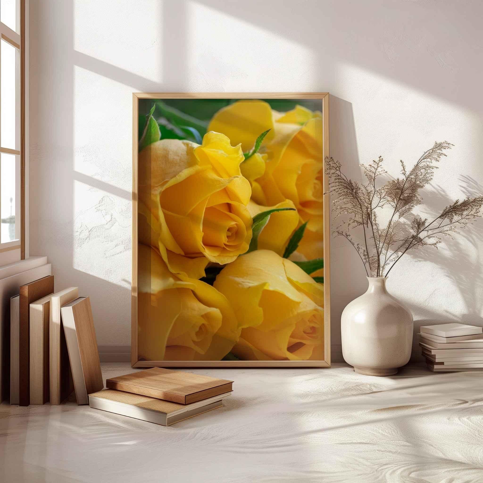Sunlit Petal Reverie yellow rose photography by Abigail Diane Photography displayed in a natural wood frame within a bright sunlit interior featuring books, neutral décor and elegant botanical styling.