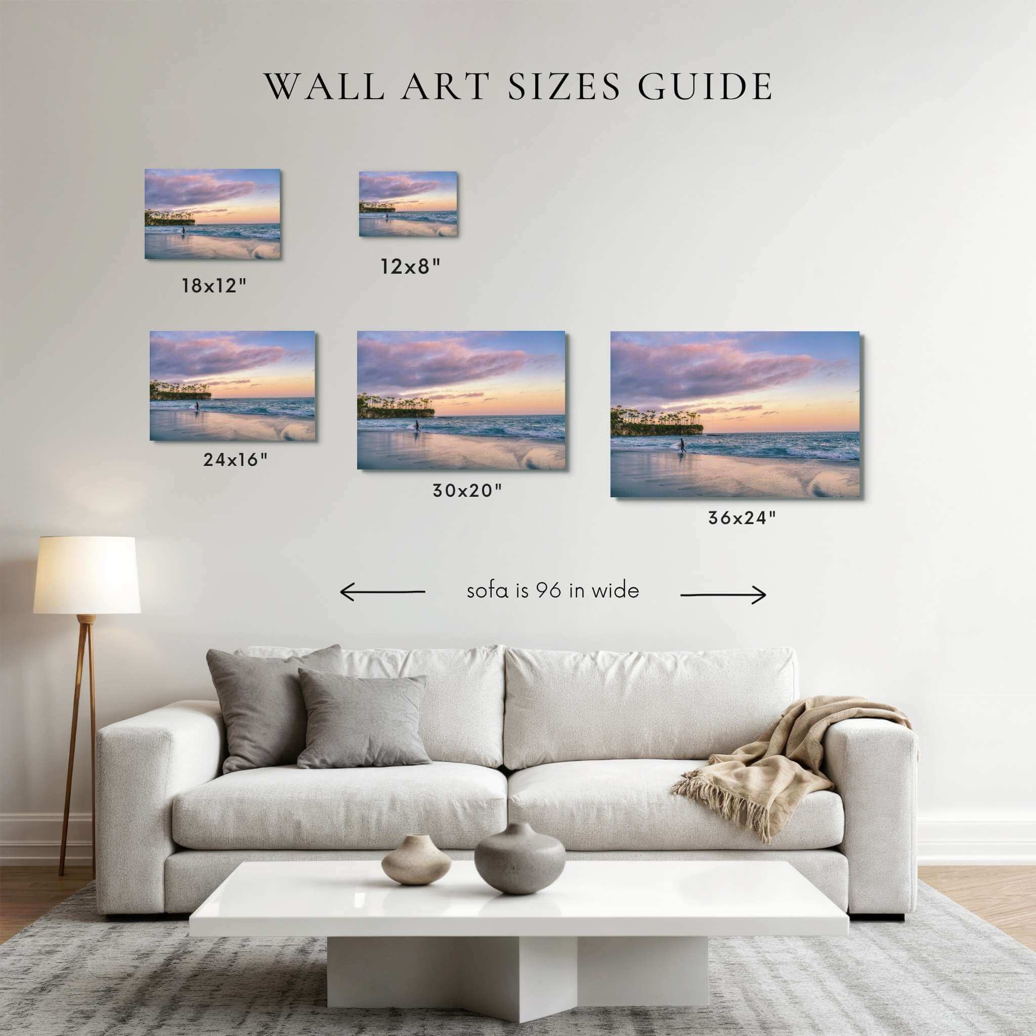 Surfing a California Sunset wall art size guide showing 8x12, 12x18, 16x24, 20x30, and 24x36 print sizes above a 96-inch sofa.