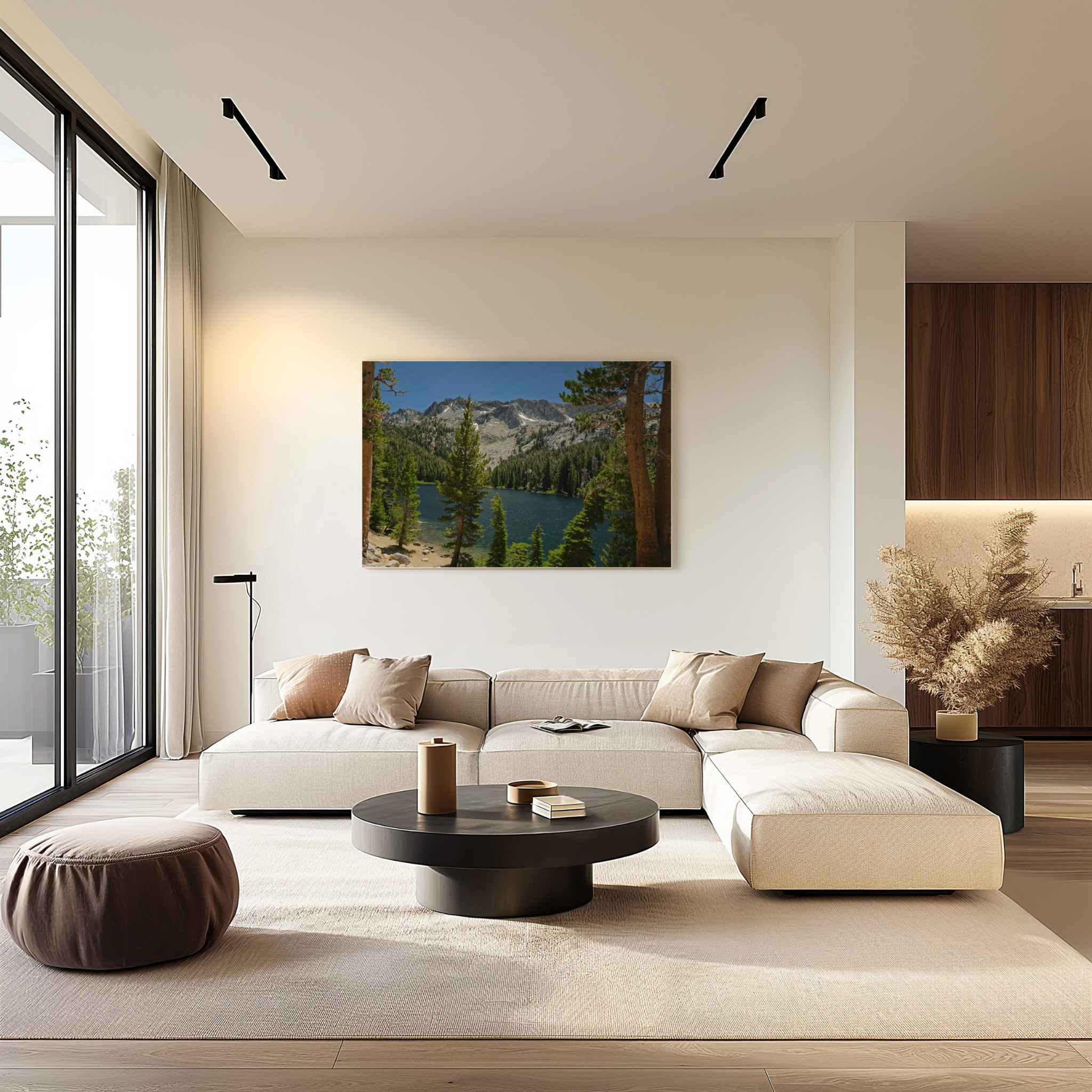 TJ Lake in Mammoth Lakes, California displayed as an HD metal print above a cream sofa in a warm contemporary living room.