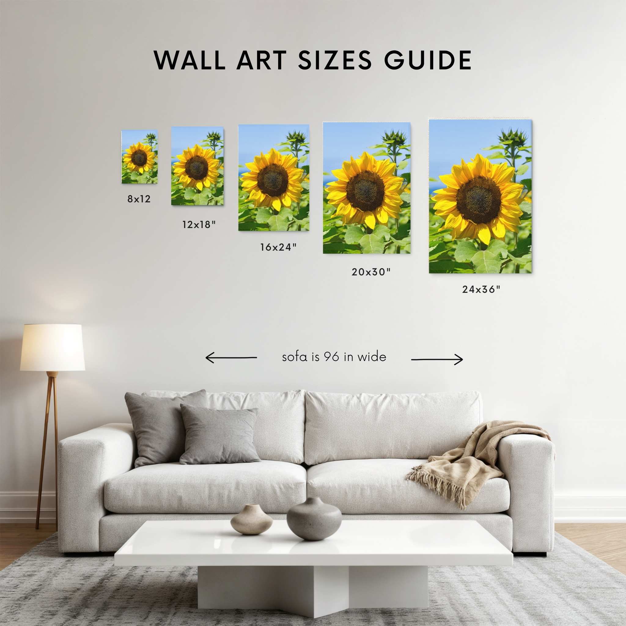 Turning Towards the Light sunflower fine art print by Abigail Diane Photography displayed in a wall art size guide above a modern cream sofa, showcasing popular wall art sizes for home décor and interior design.