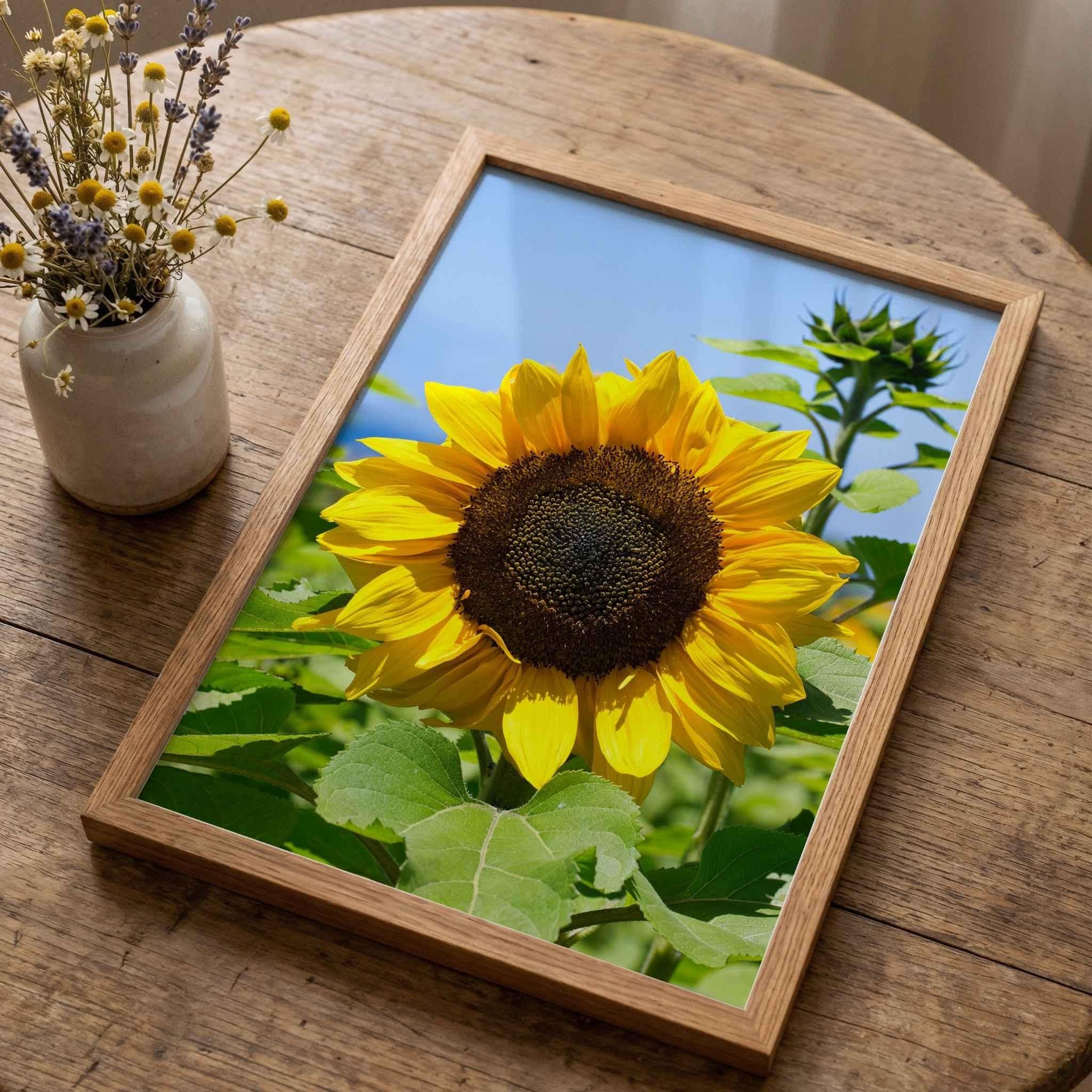 Turning towards the light sunflower fine art photography by Abigail Diane Photography displayed in a natural oak frame on a rustic wooden table beside a vase of dried wildflowers in warm natural light