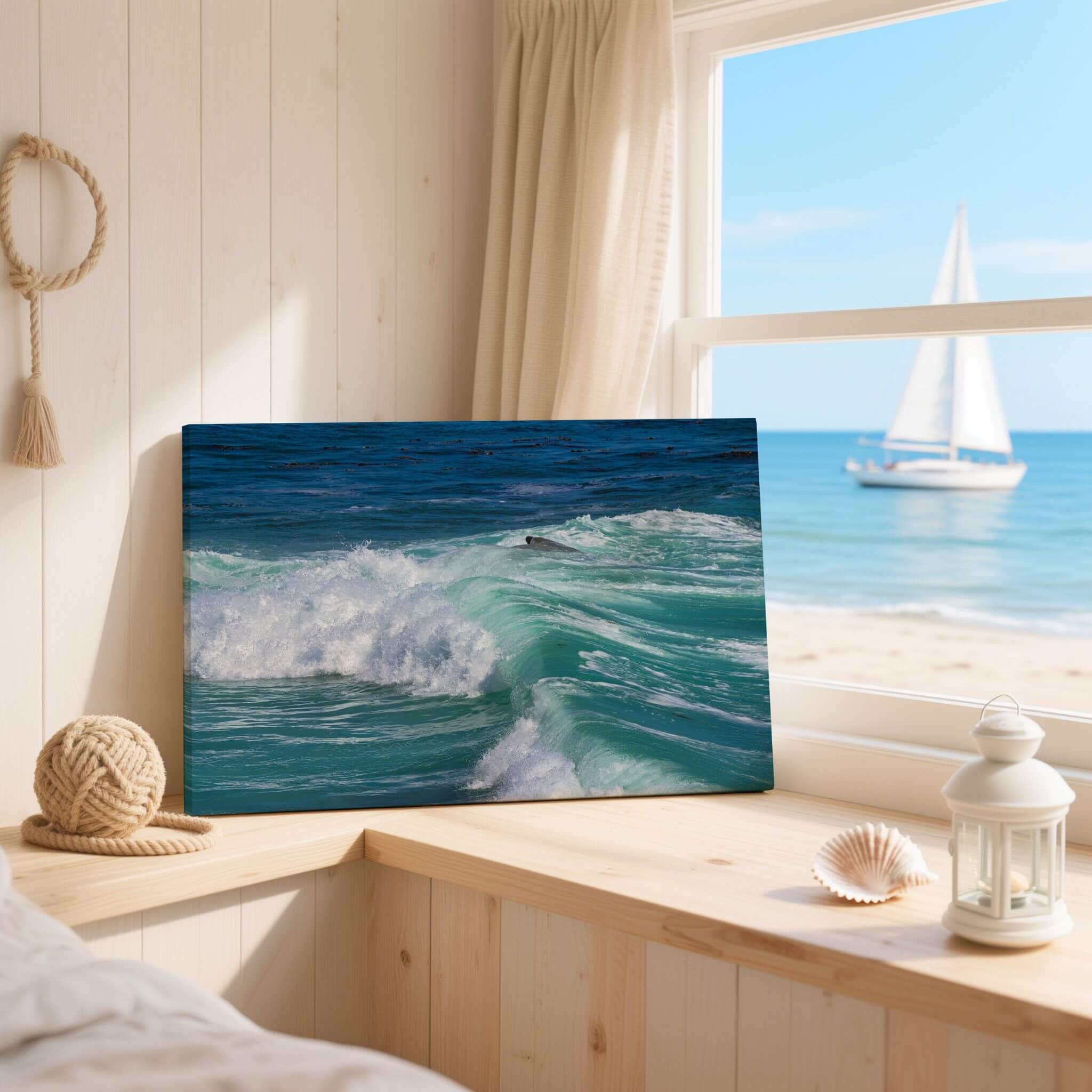 Turquoise Healing Waves canvas resting beside a seaside window, featuring vibrant Pacific Ocean waves captured at Laguna Beach, California. Relaxing coastal wall art by Abigail Diane Photography.