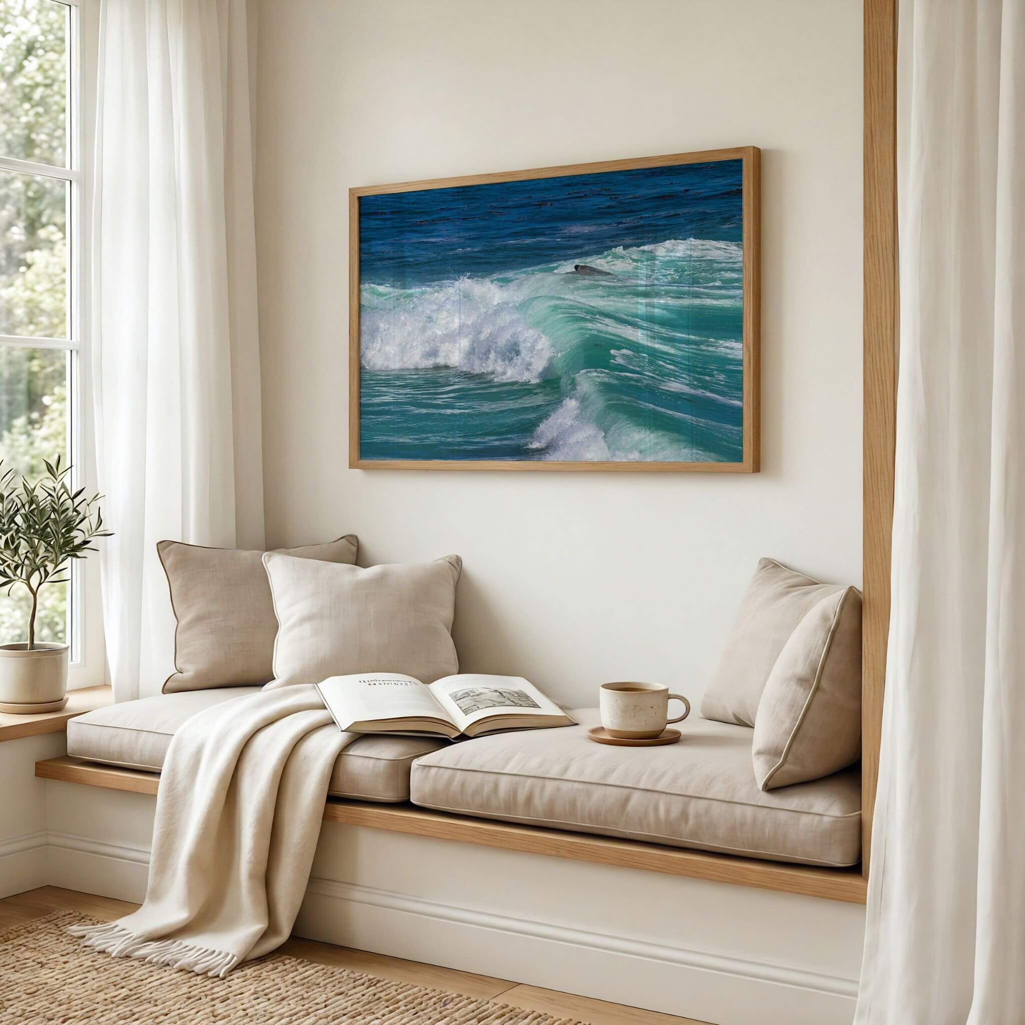 Framed print of Turquoise Healing Waves displayed above a cozy window seat, highlighting turquoise ocean waves rolling through Laguna Beach on California's Pacific coast. Fine art photography by Abigail Diane Photography.