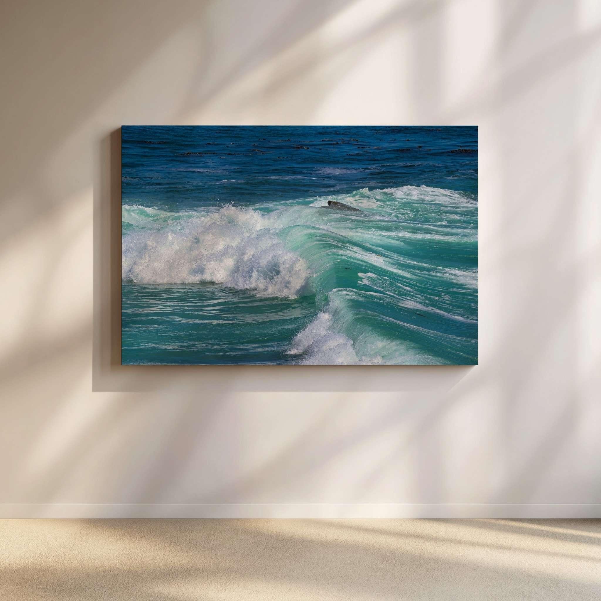 Turquoise Healing Waves fine art print featuring rolling turquoise ocean waves at Laguna Beach, California displayed as large coastal wall art in a modern living room.