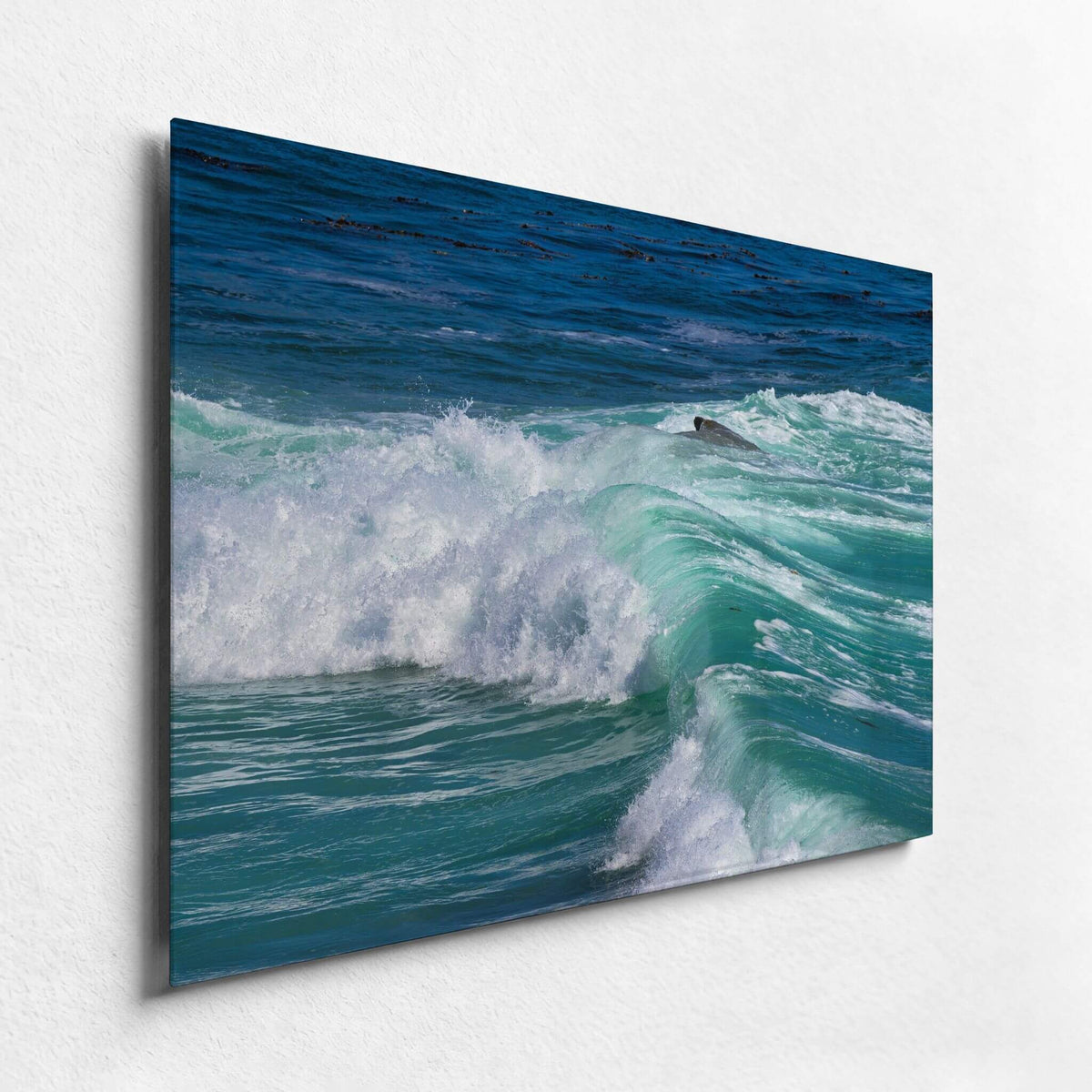 Angled close-up of Turquoise Healing Waves metal print showing rich blue and turquoise California ocean waves with crisp white sea foam.