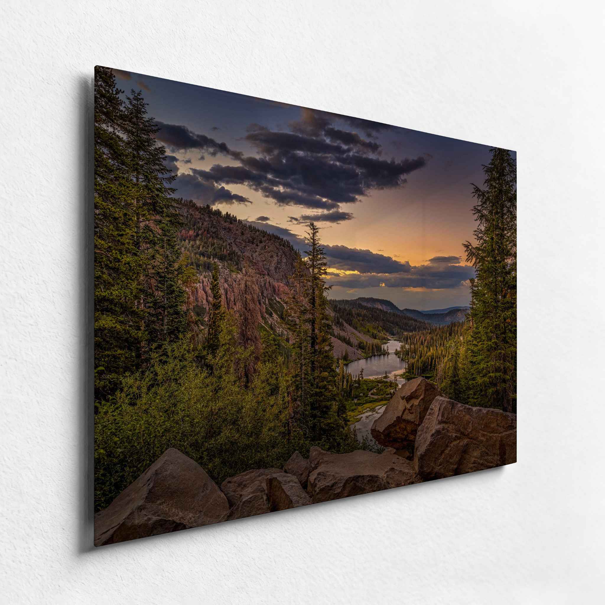 Twin Lakes in Mammoth Lakes California at sunset with dramatic clouds and mountain scenery, displayed as an HD metal print from an angled side view.
