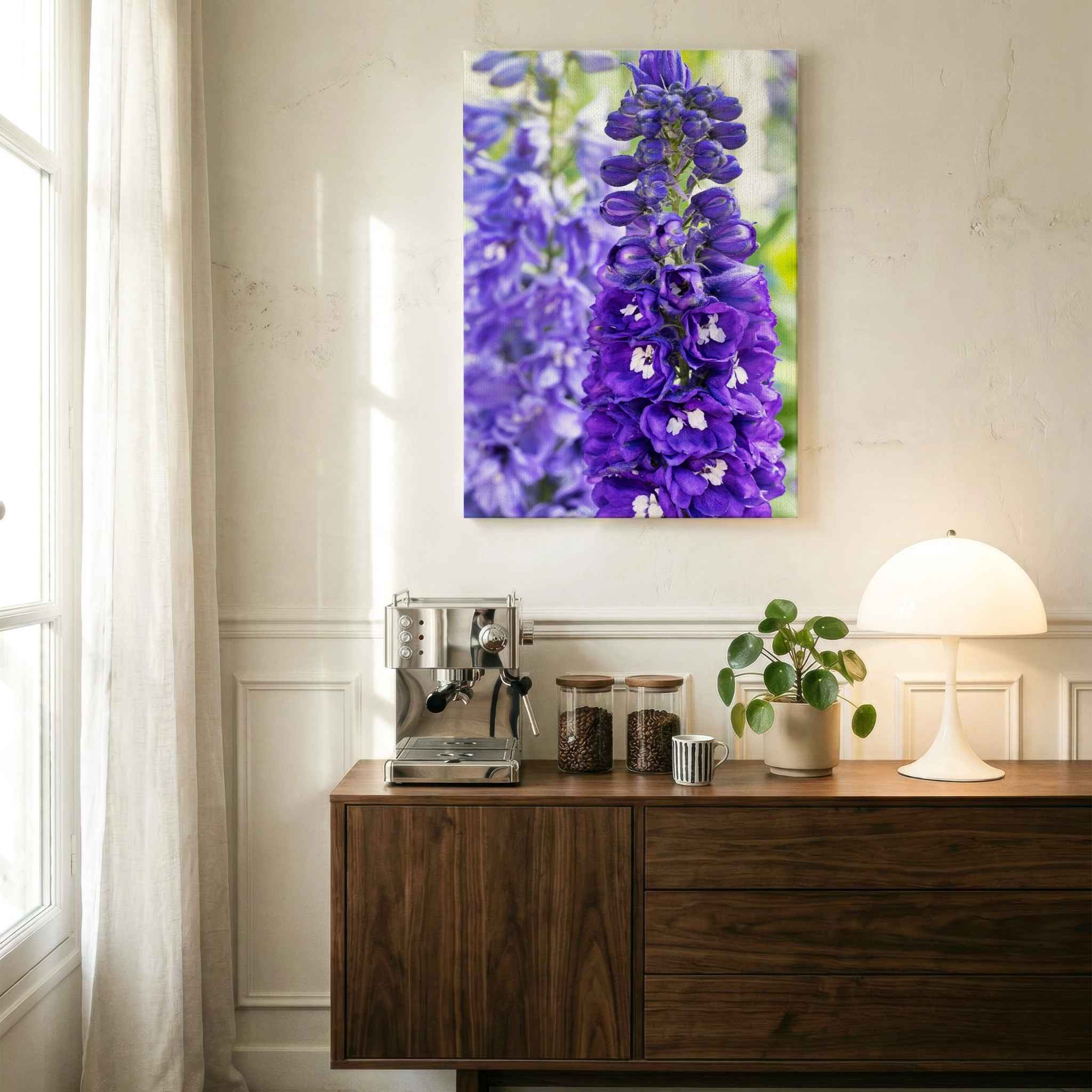 Violet Harmony purple larkspur HD metal print displayed above warm wood cabinetry in a bright neutral interior by Abigail Diane Photography.