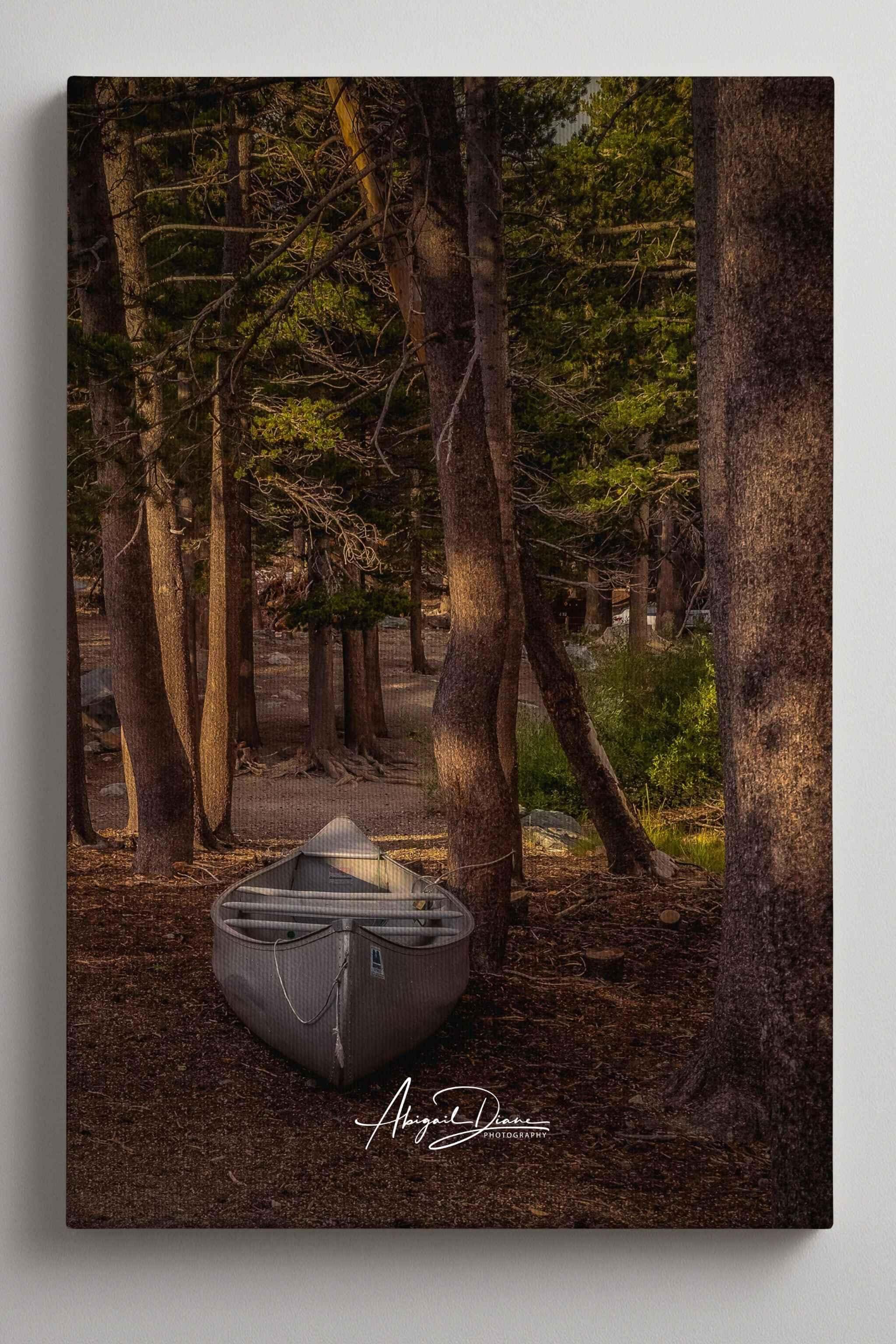 waiting-for-the-water-giclee-gallery-wrapped-canvas-mammoth-lakes-california-abigail-diane-photography.jpg
Alt text:
Waiting for the Water giclée gallery-wrapped canvas featuring a solitary canoe resting among pine trees in Mammoth Lakes, California.