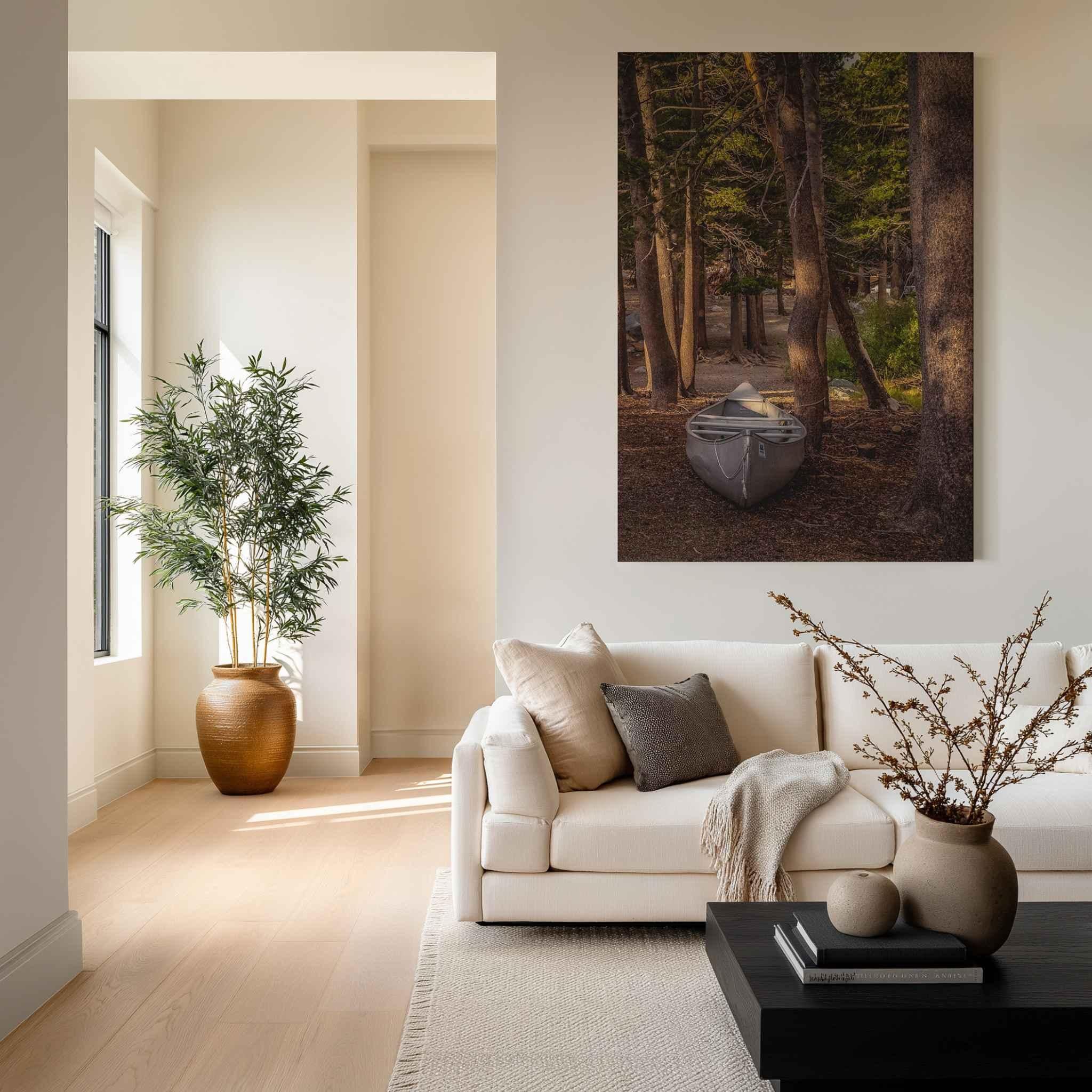 Waiting for the Water HD metal print featuring a canoe among the pines in Mammoth Lakes, California, displayed in a warm modern living room.