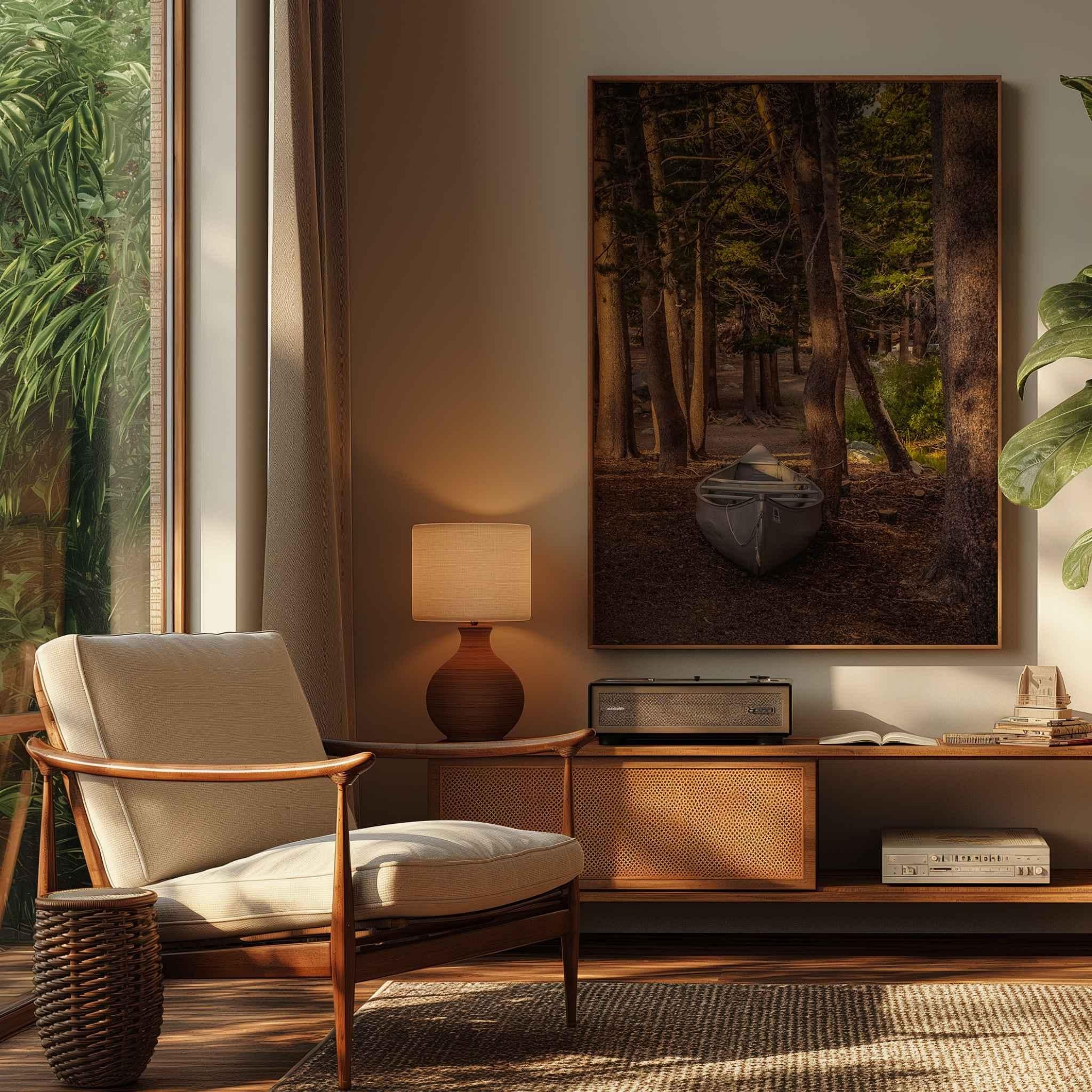 Waiting for the Water metal print featuring a canoe among the trees displayed in a warm wood-toned living room.