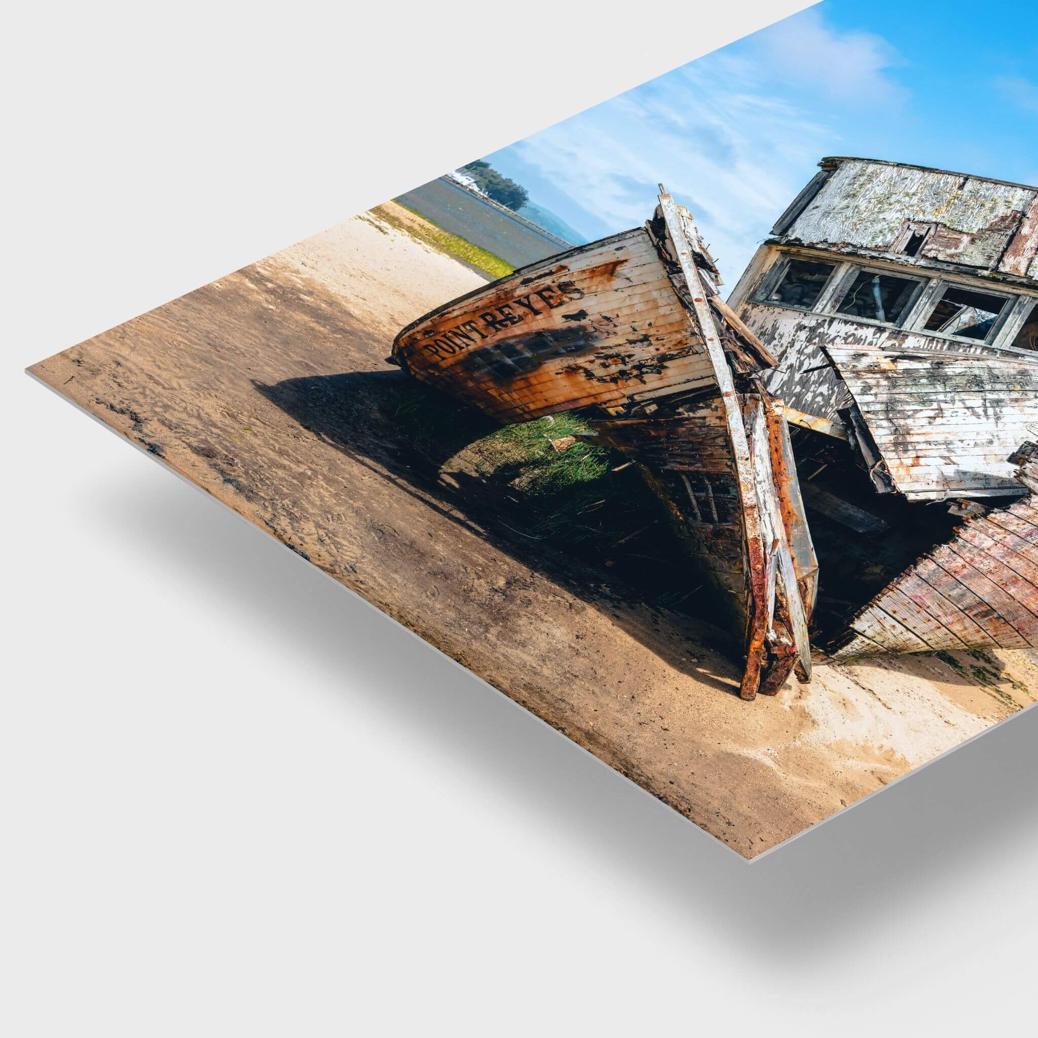 Weathered Echoes of the S.S. Point Reyes shipwreck displayed as an HD metal print, featuring weathered wood, rustic textures and coastal blue tones.