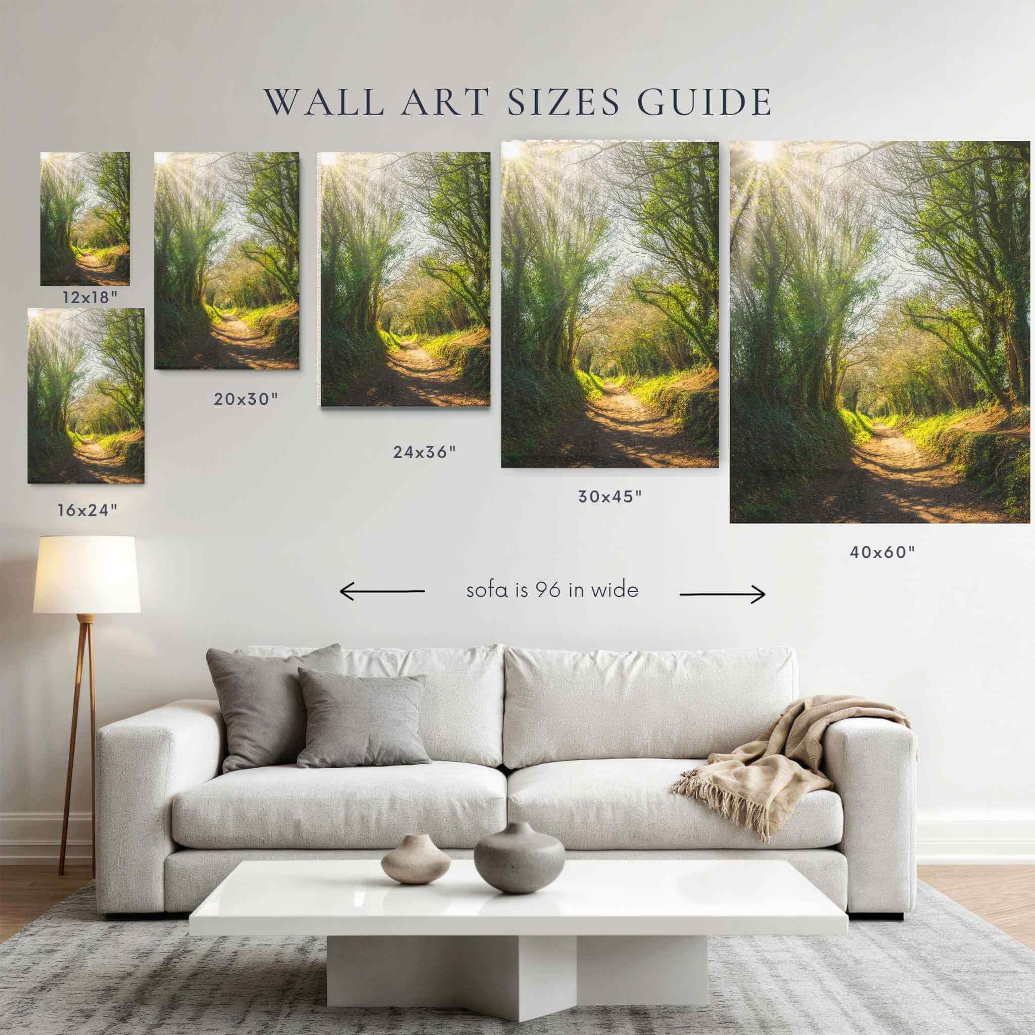 Wall art size guide where morning light finds the forest path by Abigail Diane Photography showing print sizes 12x18, 20x30,24x36 and 40 x 60 displayed above a 96-inch sofa for scale