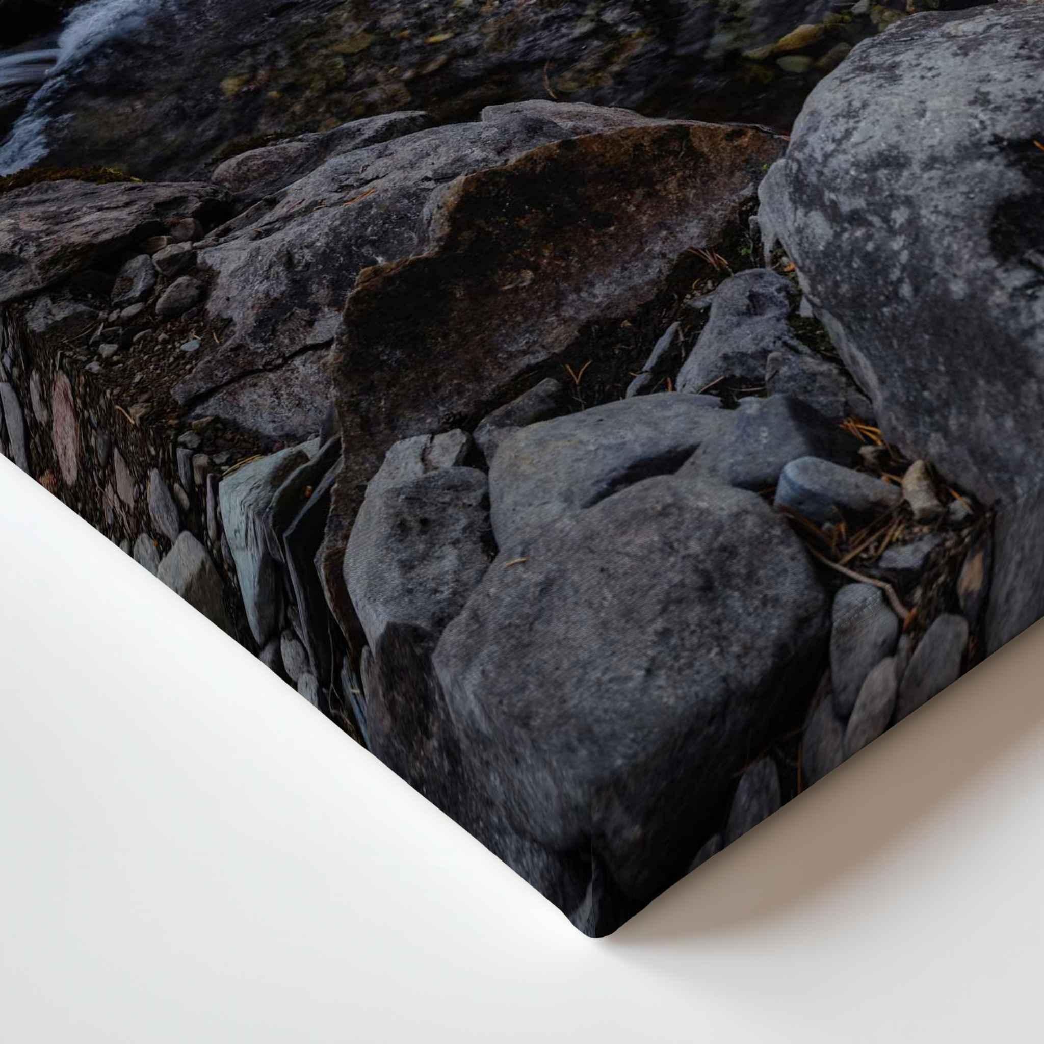Close-up corner detail of Where Stepping Stones Lead canvas print, showing the gallery-wrapped edge and rocky mountain stream in Mammoth Lakes, California.