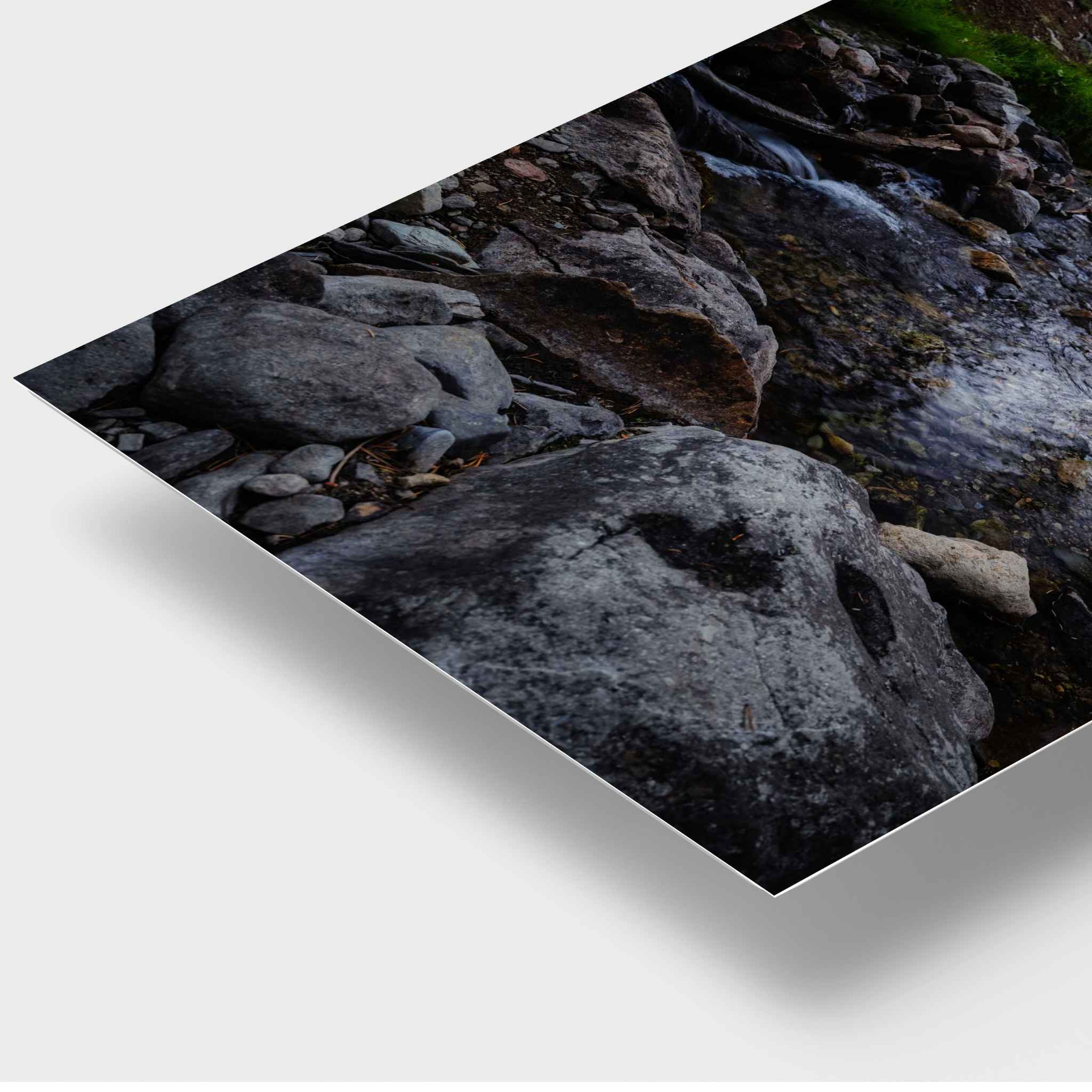 Close-up of Where the Stepping Stones Lead HD metal print featuring a rocky forest stream in the Eastern Sierra, California, with detailed water and stone textures.