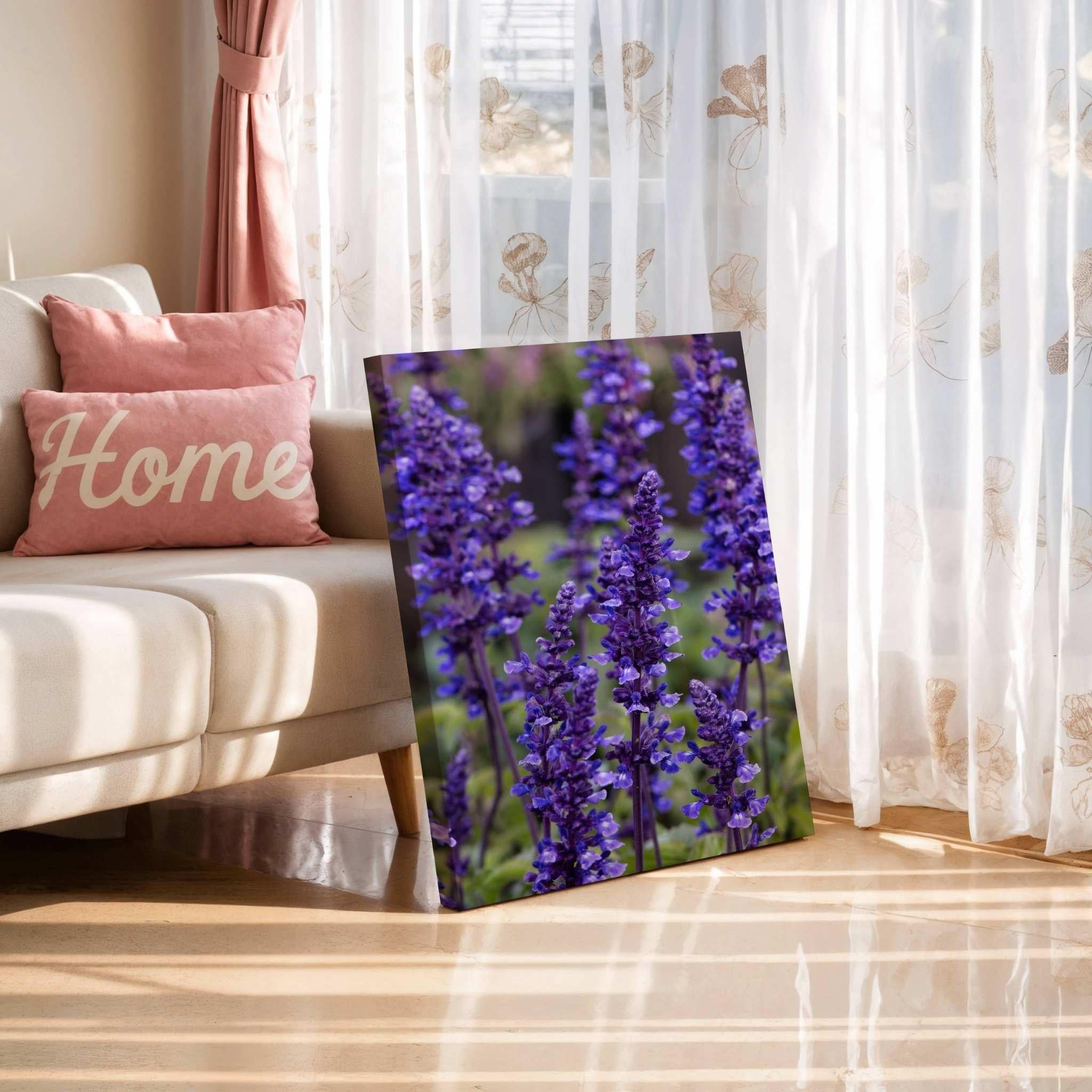 Where the Wildflowers Dream purple salvia flower canvas wall art by Abigail Diane Photography showcased in a bright living room with pink cushions, natural sunlight, and nature-inspired interior styling.
