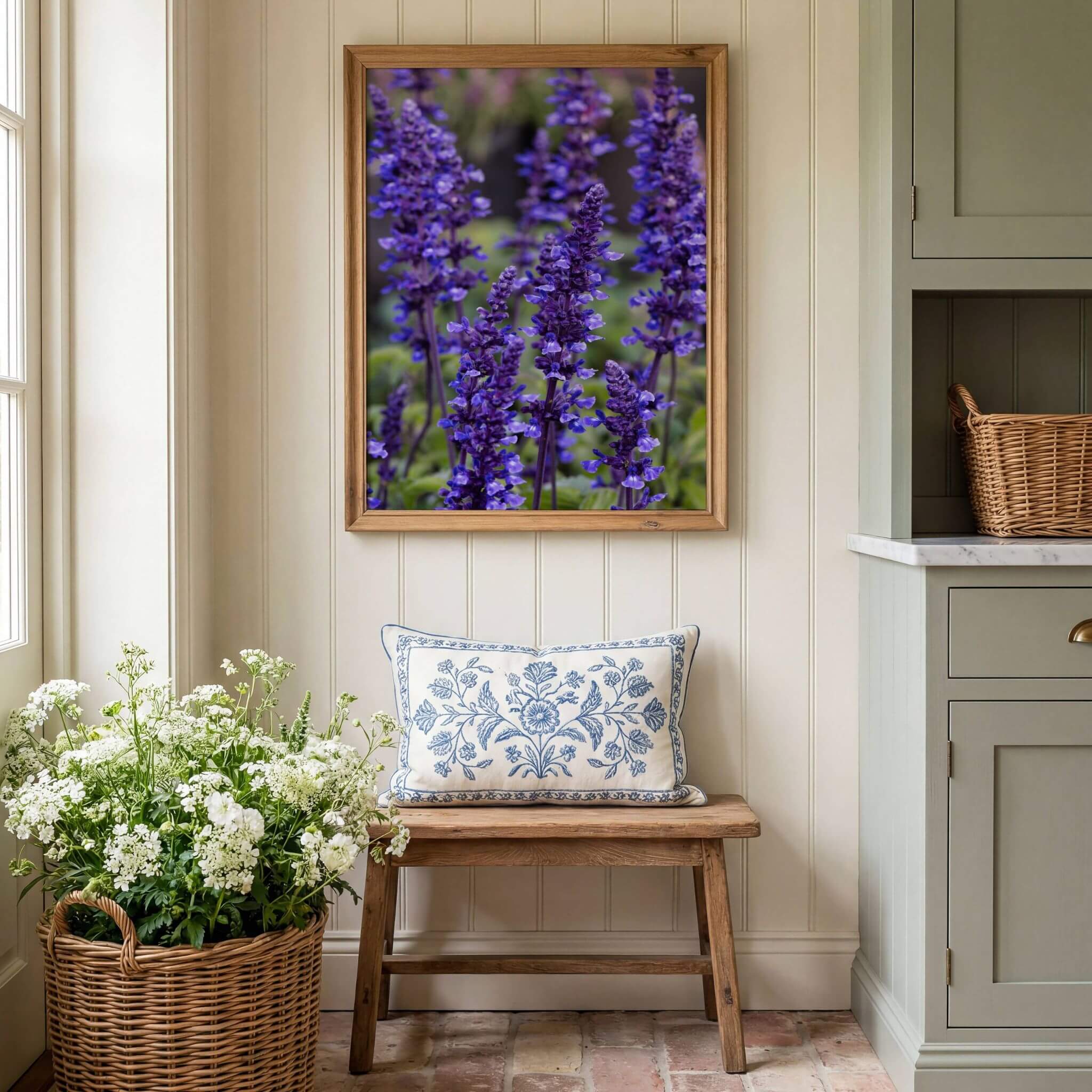 Where the Wildflowers Dream by Abigail Diane Photography featuring vibrant purple salvia flowers displayed in a natural oak frame above a rustic wooden bench with fresh white flowers, creating a charming cottage garden-inspired interior.