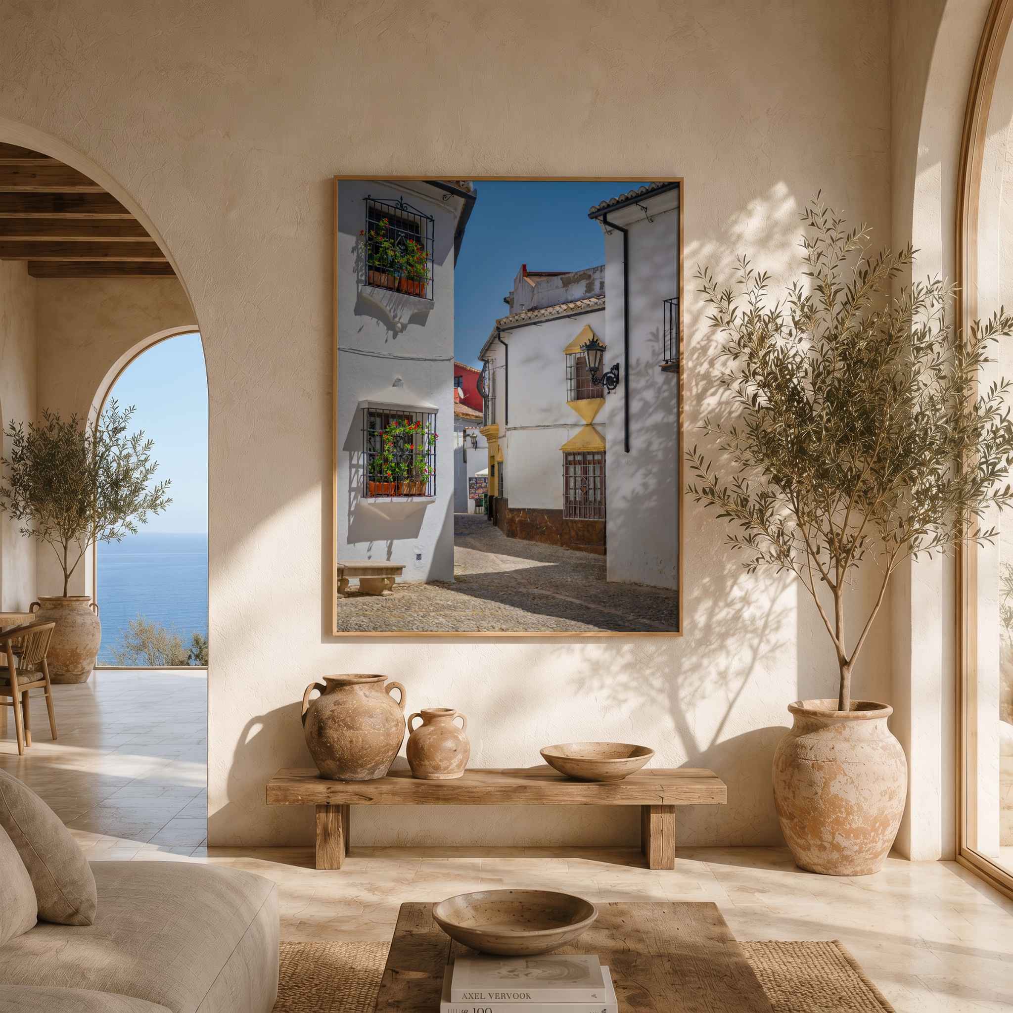 Whitewashed Streets of Setenil wall art displayed in a warm Mediterranean-inspired interior – Abigail Diane Photography