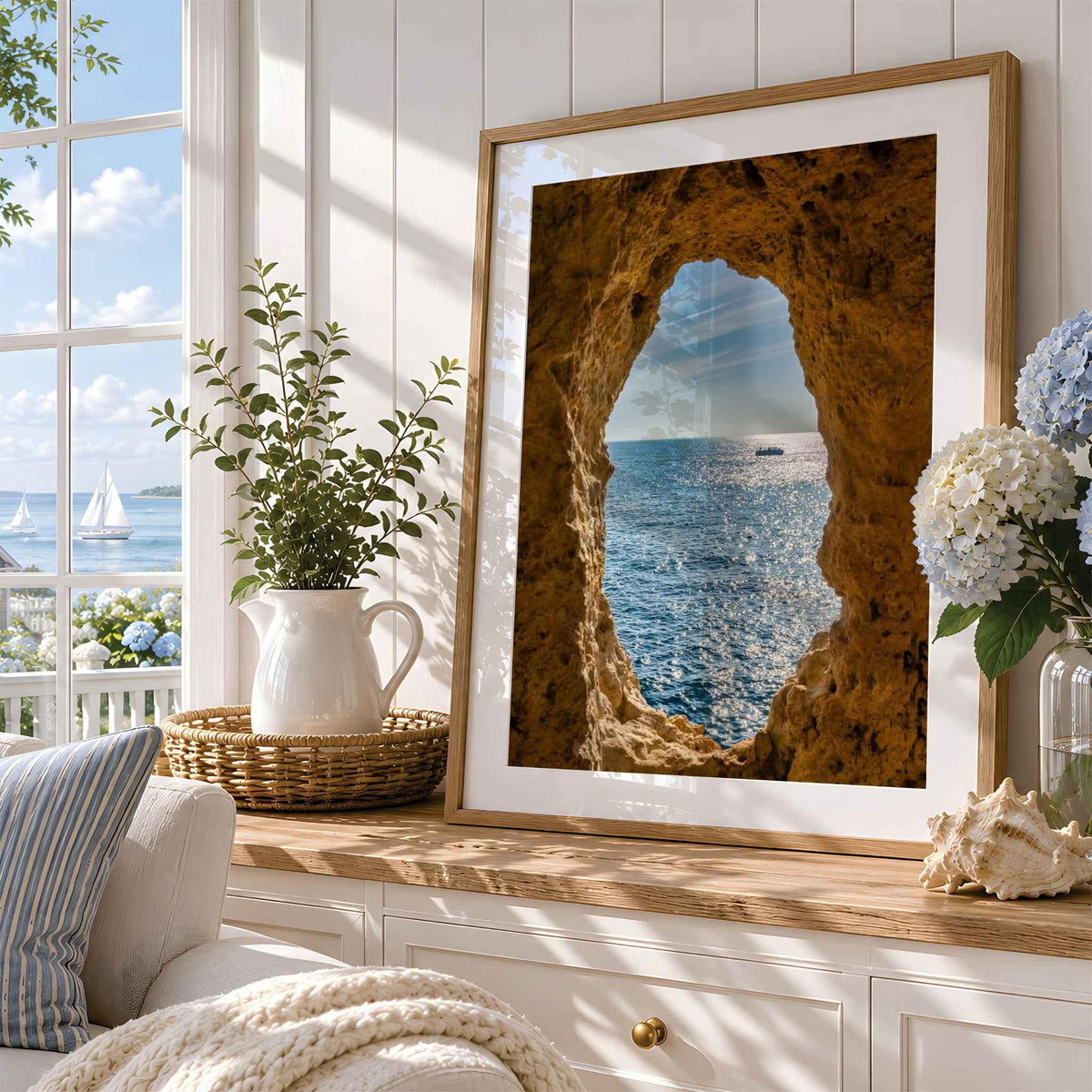 Framed Window to the Atlantic fine art print featuring the Atlantic Ocean at Algar Seco, displayed in a light-filled coastal interior.