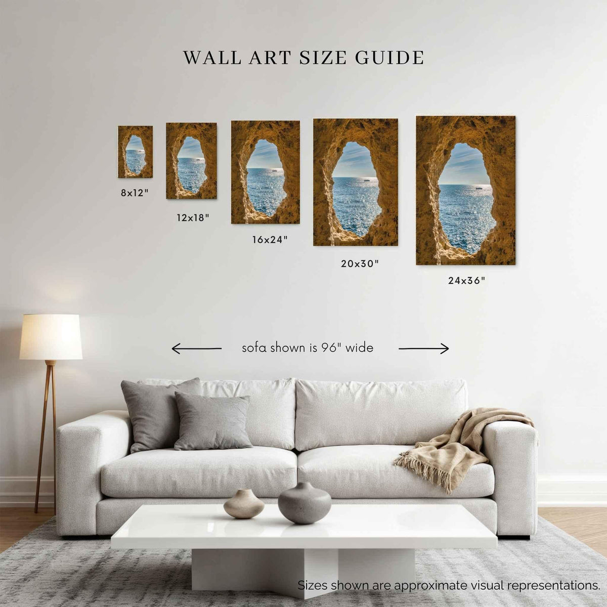 Wall art size guide for Window to the Atlantic fine art print by Abigail Diane Photography, showing available print sizes above a sofa.