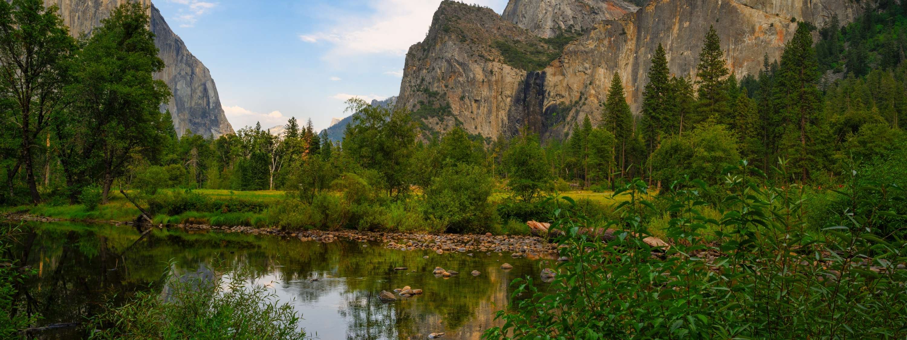 A Majestic Day in Yosemite Valley fine art print featuring El Capitan and Bridalveil Fall reflected in the peaceful Merced River beneath a bright blue sky in Yosemite National Park, California. Photographed by Abigail Diane Photography.