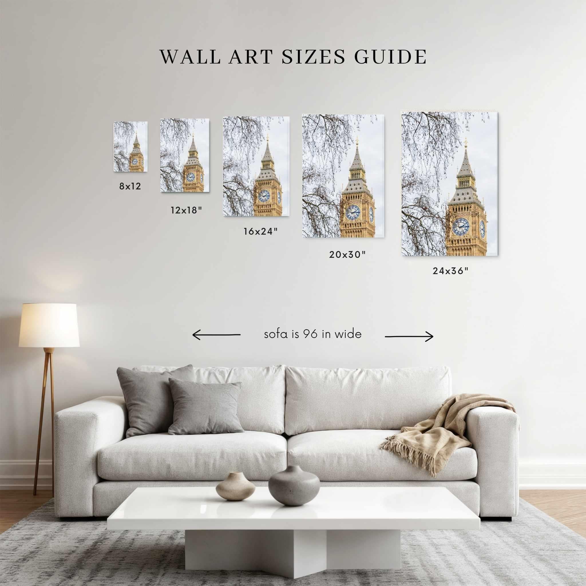 A wall art sizes guide mockup showing five framed prints of Big Ben in white and gold tones, displayed above a light gray sofa in a modern living room. Text labels indicate sizes 8x12, 12x18, 16x24, 20x30, and 24x36, with 'sofa is 96 in wide' below.