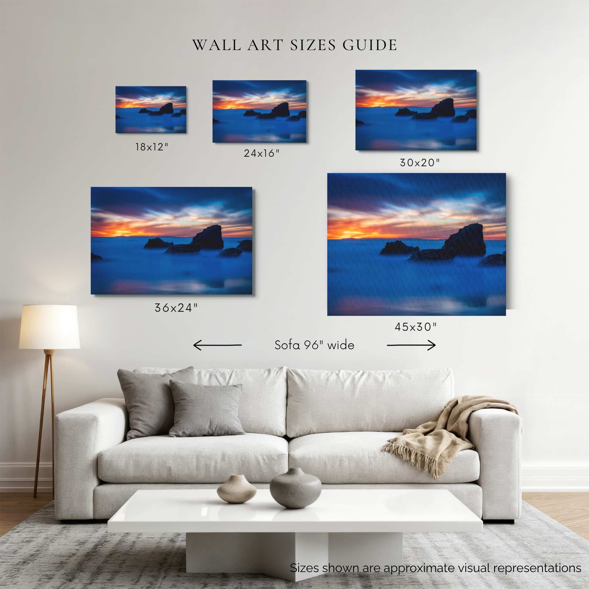 Wall art size guide showing escape to a mystical blue hour, canvas print  displayed above a 96-inch sofa in 18 × 12, 24 × 16, 30 × 20, 36 × 24, and 45 × 30 inch canvas sizes by Abigail Diane Photography.